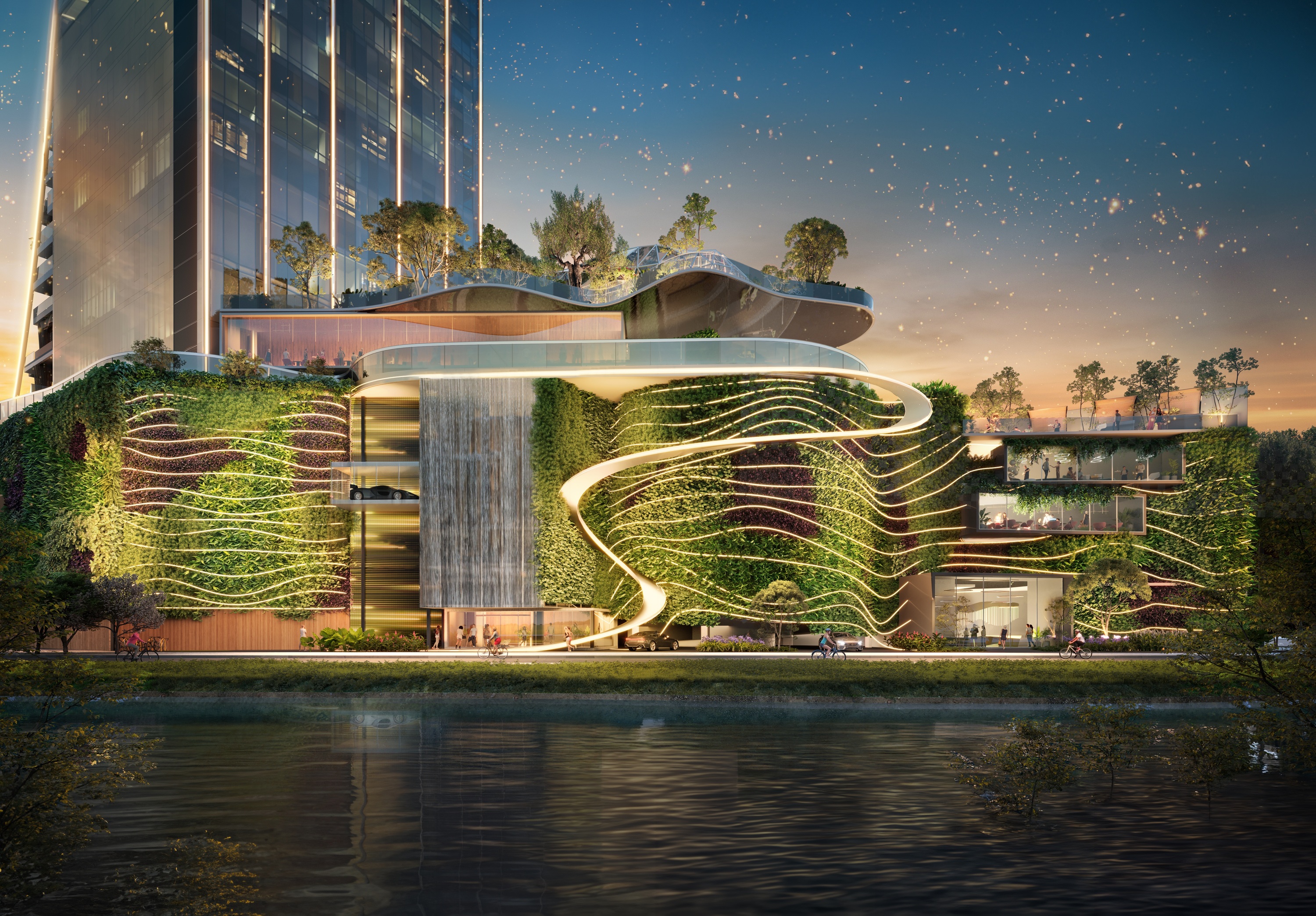 Senna Tower 下方結合多層次的綠化設計。