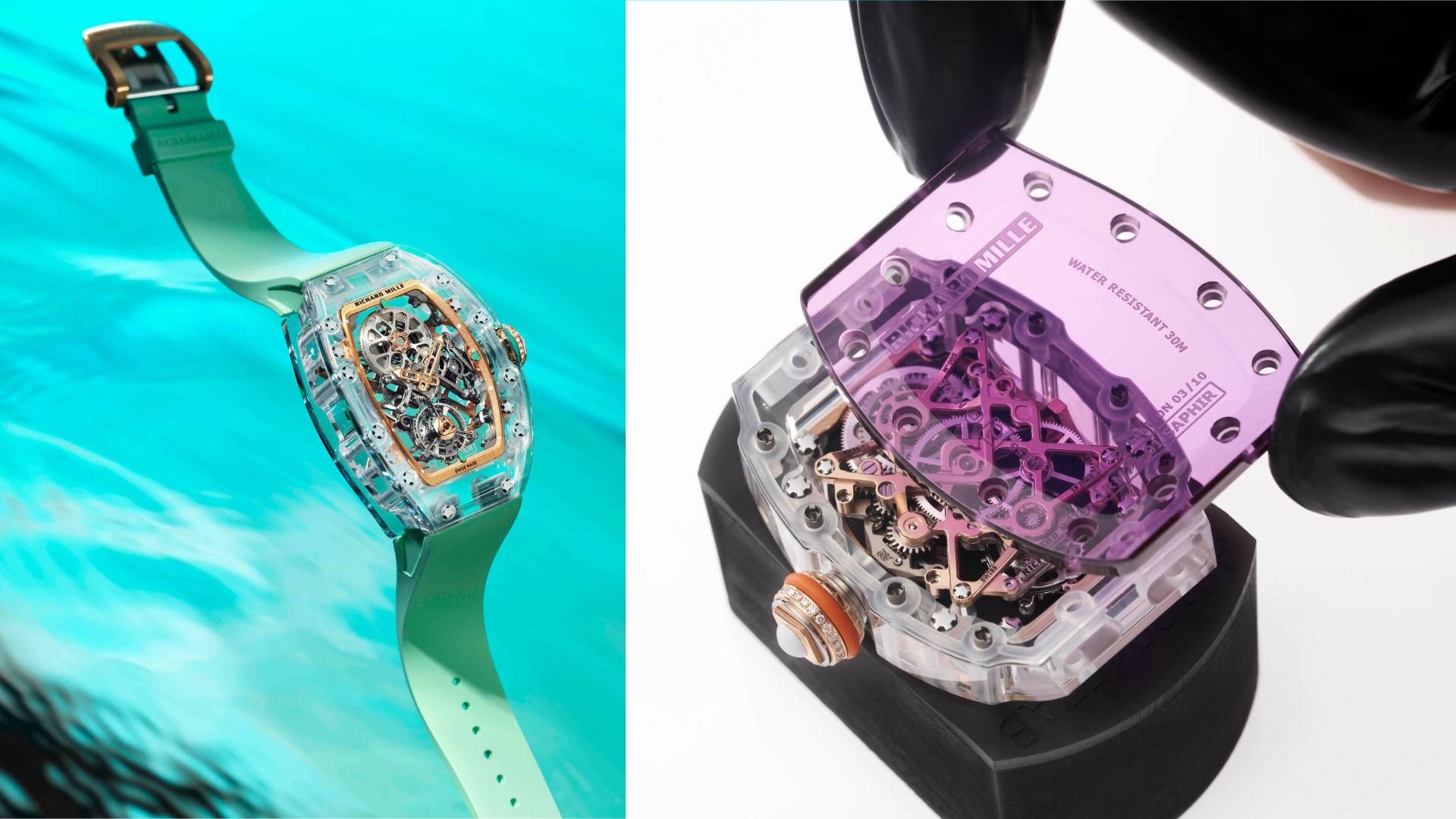 蓝宝石水晶是现今制表业中最受瞩目的材质之一，早在十年前 RICHARD MILLE 就发掘了这种材质的潜力，并独家掌握了将其应用在整个表壳上的工艺。