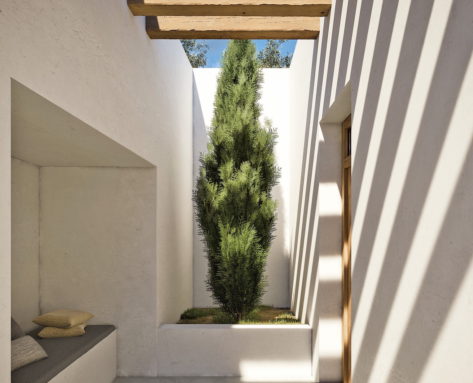 過濾太陽的獨特通道，通向每棟房屋的前門，並隨日照的變化，交替的木結構和建築結構與環境融為一體。