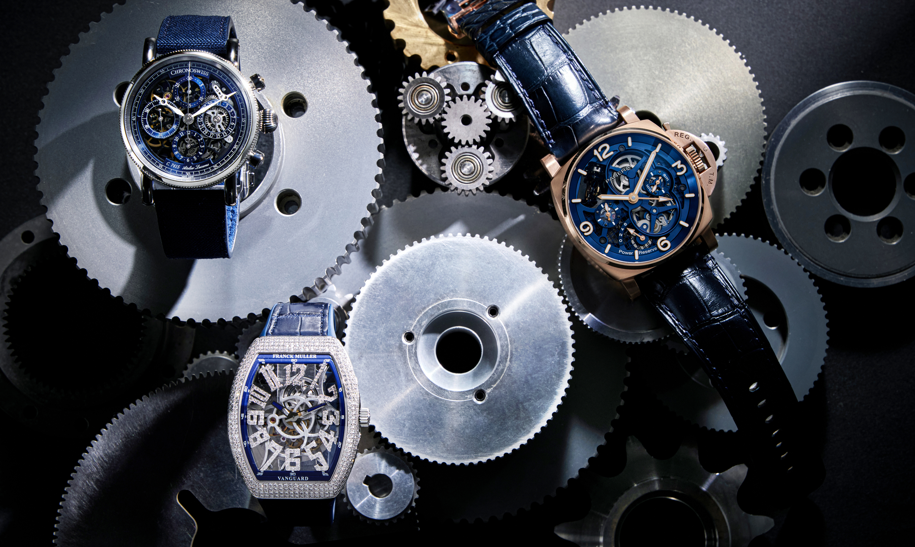 Chronoswiss Opus 鈦金屬計時腕錶、FRANCK MULLER Vanguard Slim Skeleton 腕錶、PANERAI 陀飛輪兩地時間紅金腕錶。