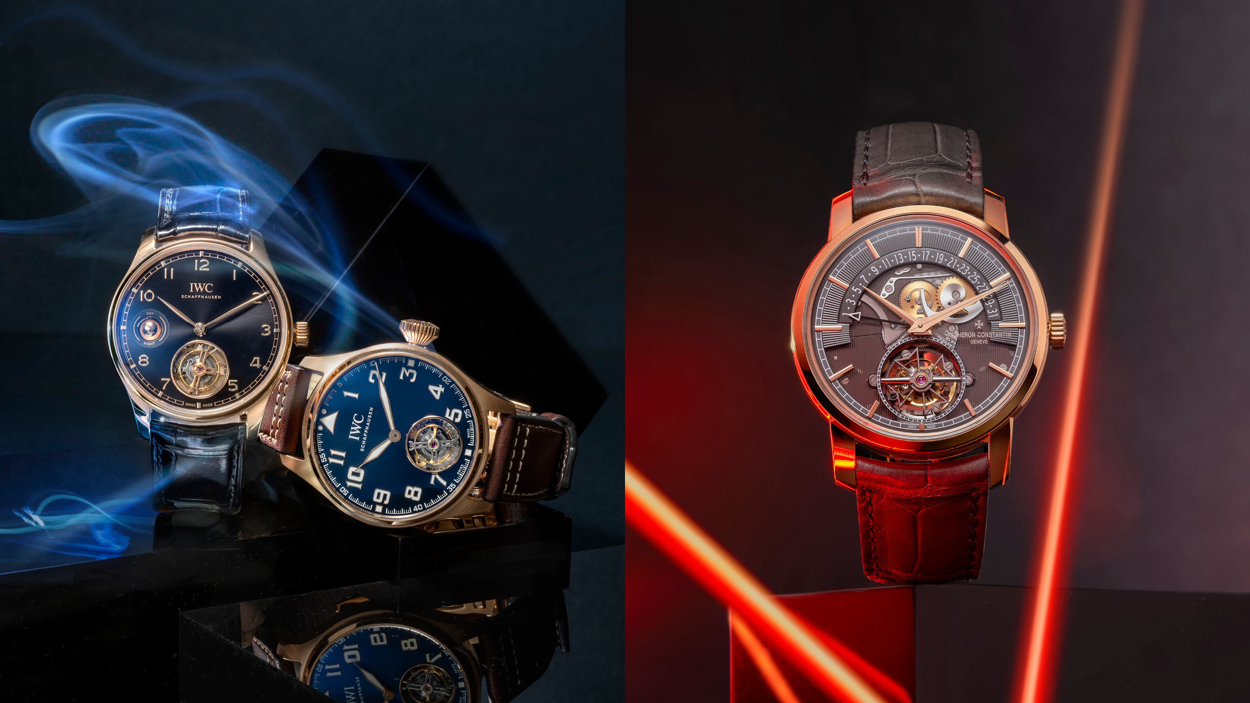 （左）IWC 葡萄牙系列手动上链陀飞轮日夜显示腕表，IWC 大型飞行员小王子陀飞轮腕表。 （右）江诗丹顿 Traditionnelle 陀飞轮逆跳日历镂雕腕表。