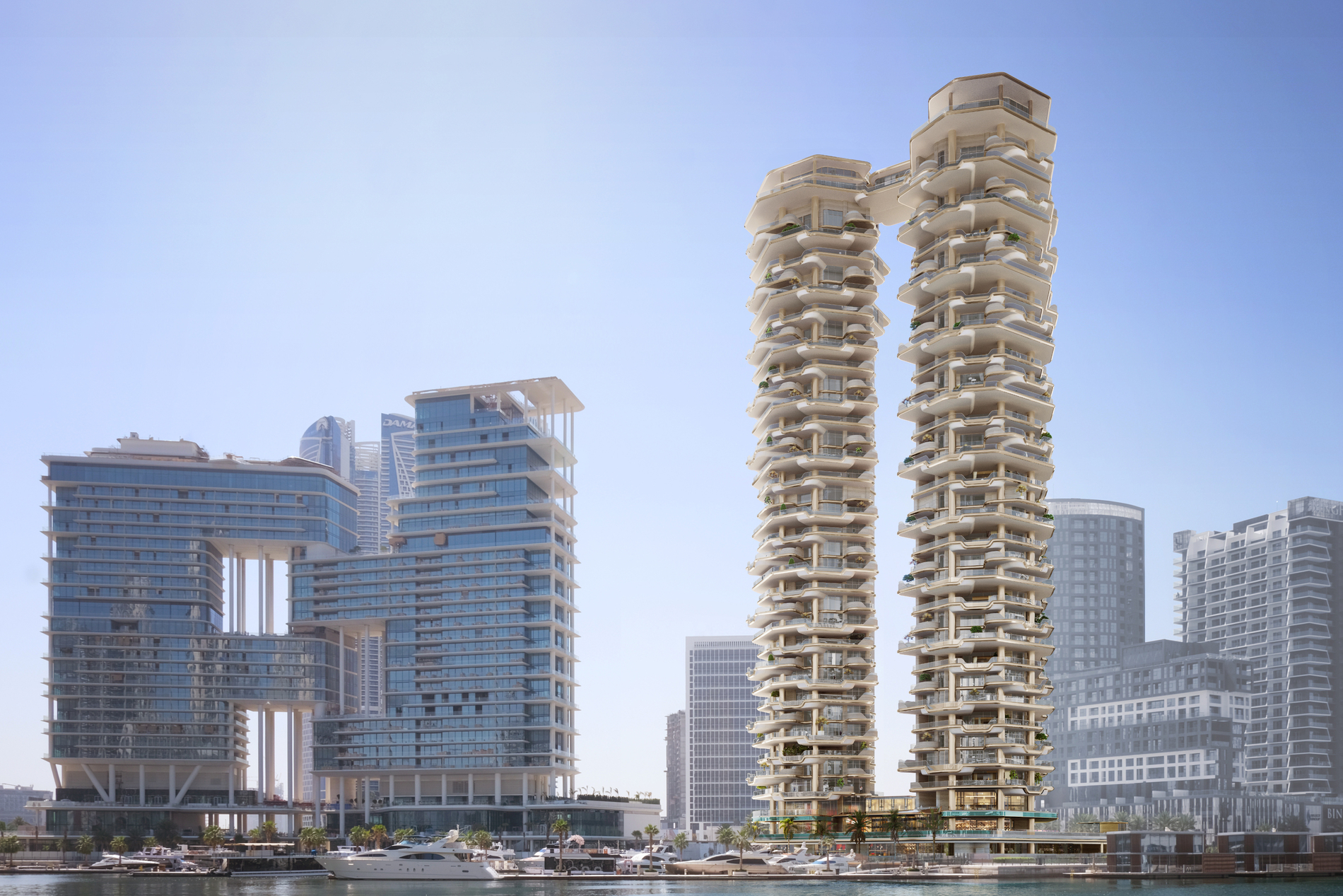 杜拜 Regent Residences 受到瀑布水流启发打造双子塔住宅大楼。