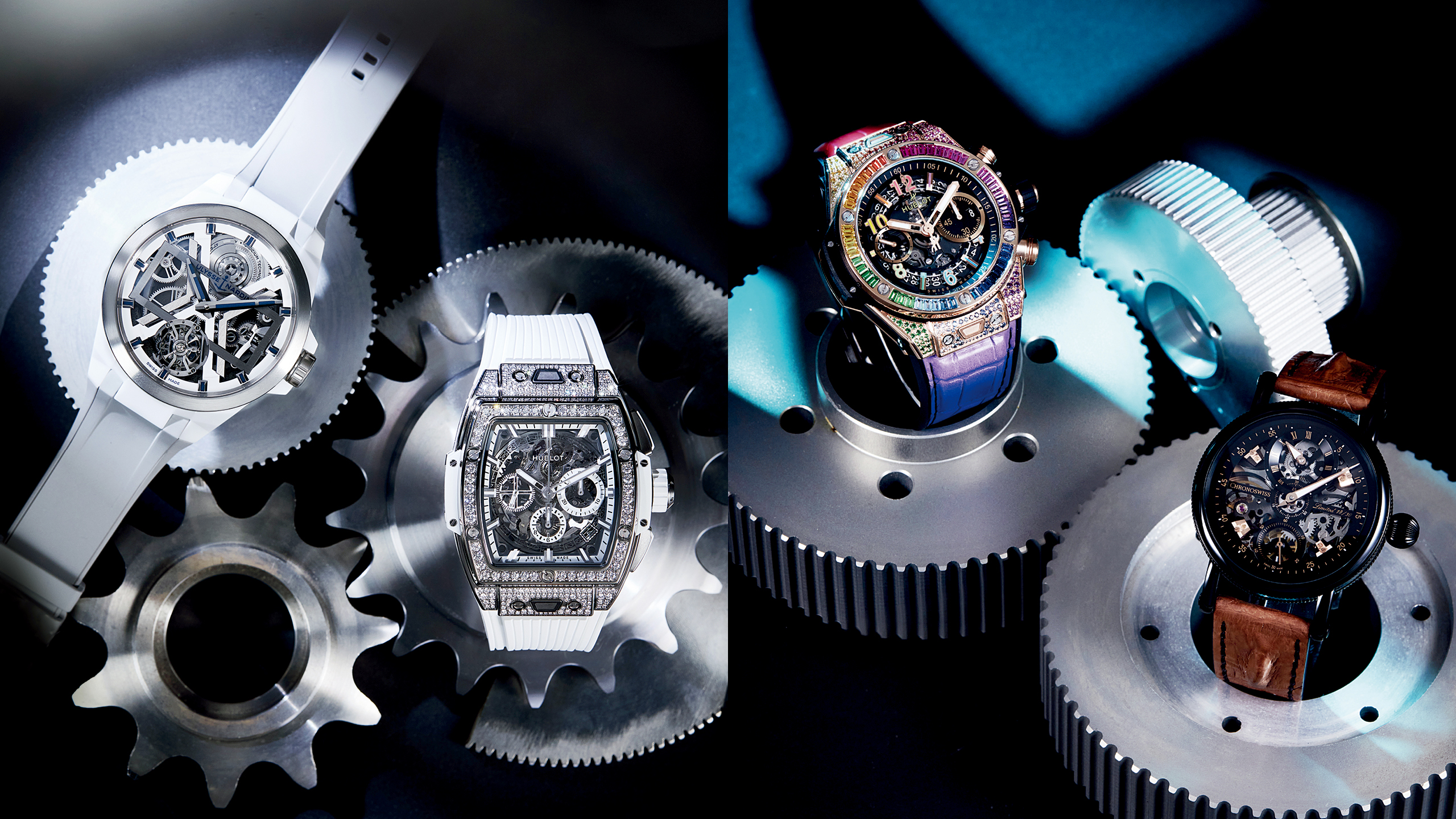 HUBLOT Big Bang Unico 彩虹宝石计时码表、Chronoswiss Flying Grand Regulator Skeleton 腕表，全球限量30 只。 Ulysse Nardin BLAST 镂空陀飞轮腕表。 HUBLOT Spirit of Big Bang 钛金白满钻计时码表。