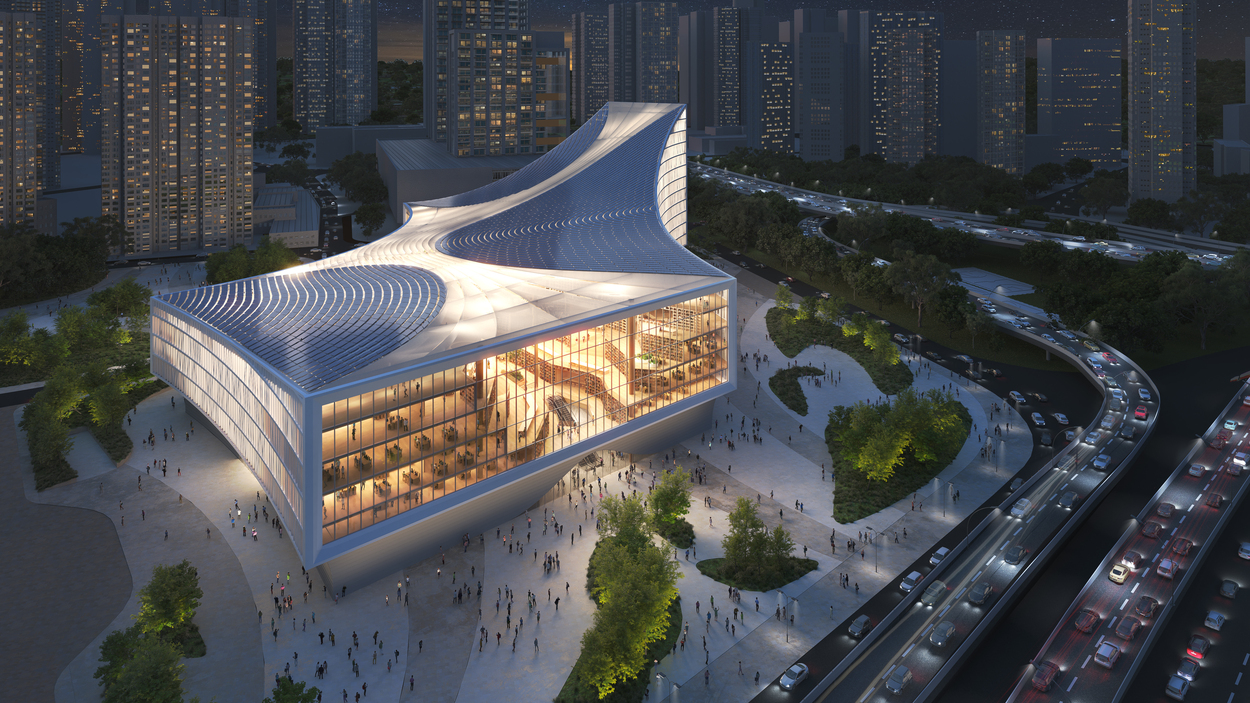 武漢圖書館以如同河道般蜿蜒的太陽能屋頂，詮釋自然的雕塑之美。