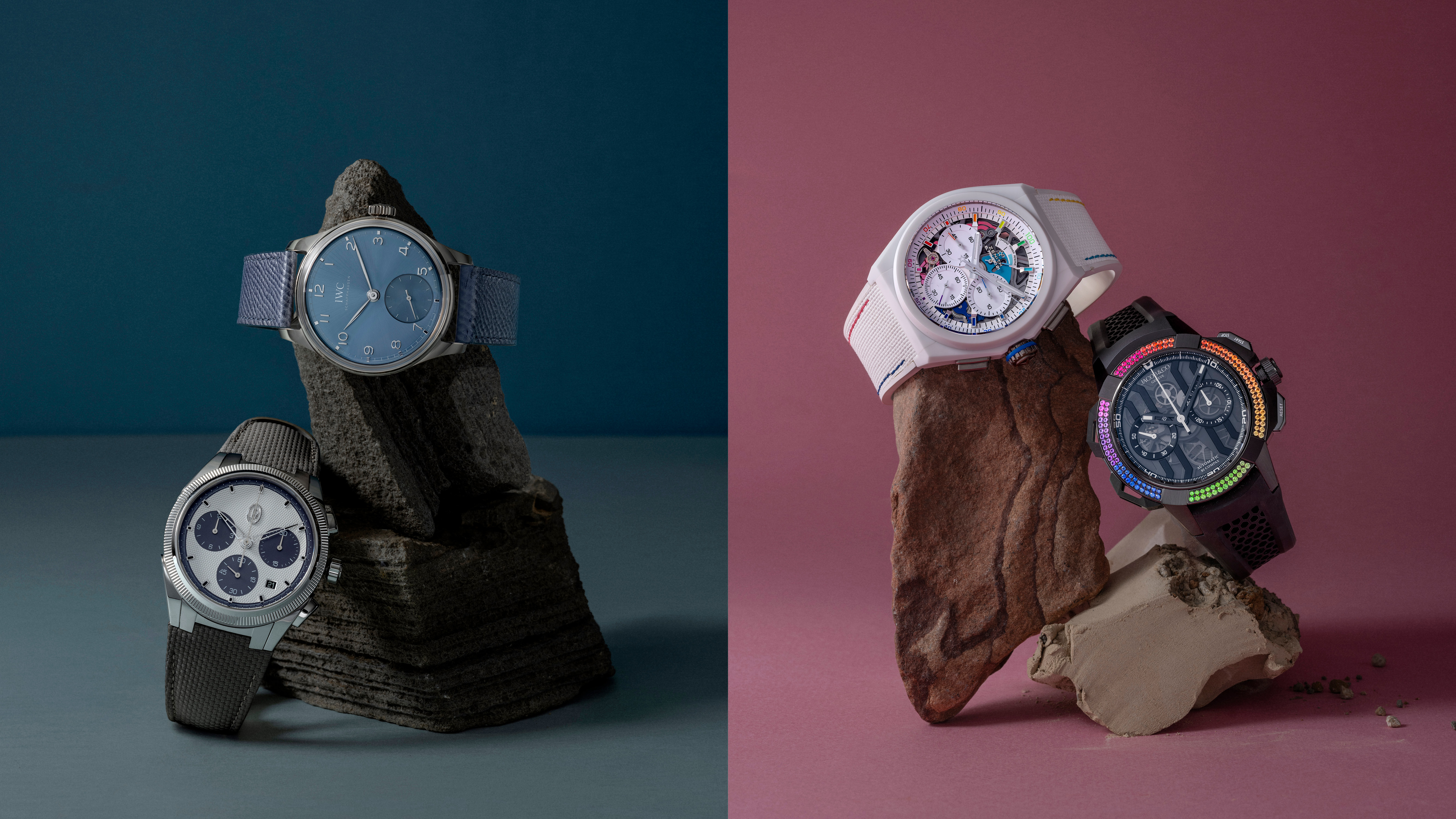 （左圖左） PARMIGIANI FLEURIER TONDA PF Sport 計時碼錶。 （左圖右） IWC 葡萄牙系列自動腕錶。 （右圖左） ZENITH DEFY 21 Chroma II 炫彩腕錶。 （右圖右） Jacob & Co. Epic X Chrono Rainbow Pavé 腕錶。