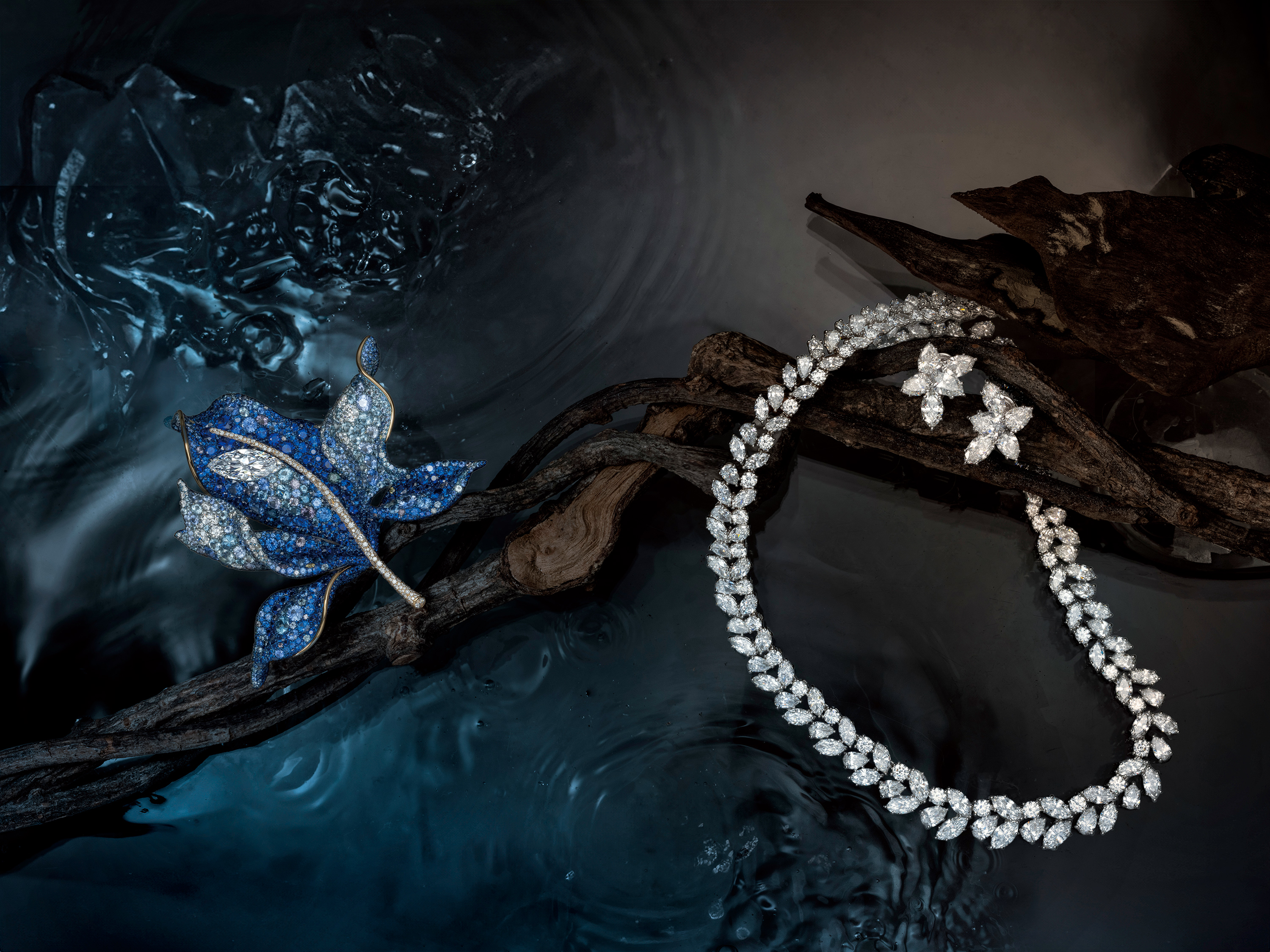 左起：CINDY CHAO The Art Jewel White Label Collection 高級珠寶系列楓葉胸針，鑲嵌白鑽、黃鑽、藍寶石、海藍寶石、藍色尖晶石、變色石榴石；Harry Winston Winston Cluster Wreath 鑽石項鍊、耳環。