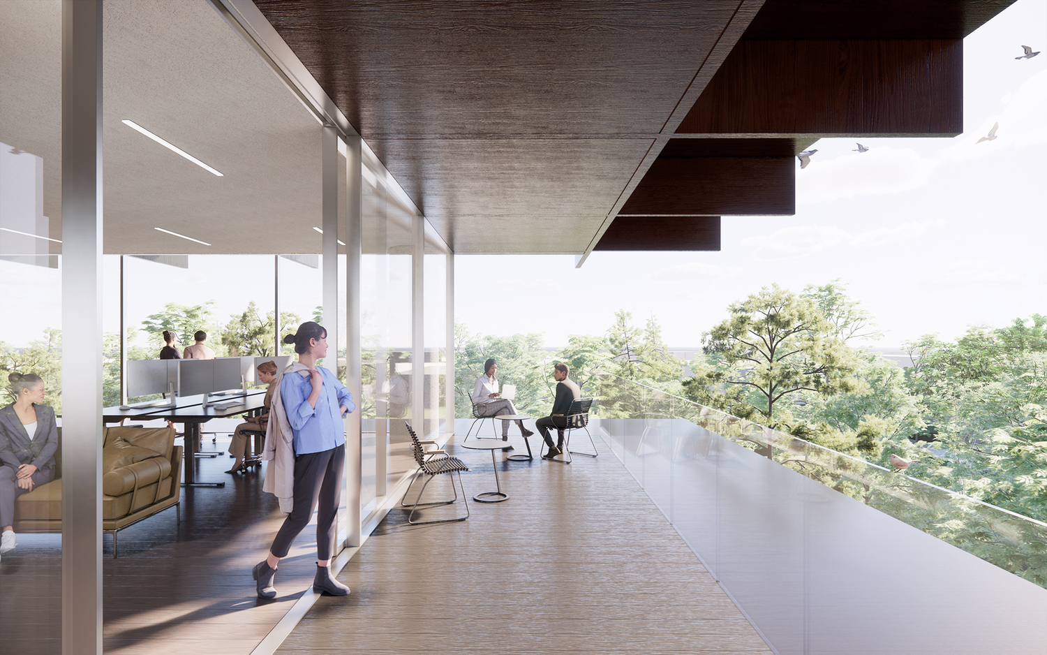 各樓層的橡木露臺，也可作為臨時辦公空間，讓用戶享有被自然包圍的工作情境。