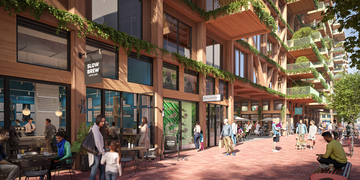 Timber House 的 1 楼规划为商店街， 以提供完善的购物生活机能。
