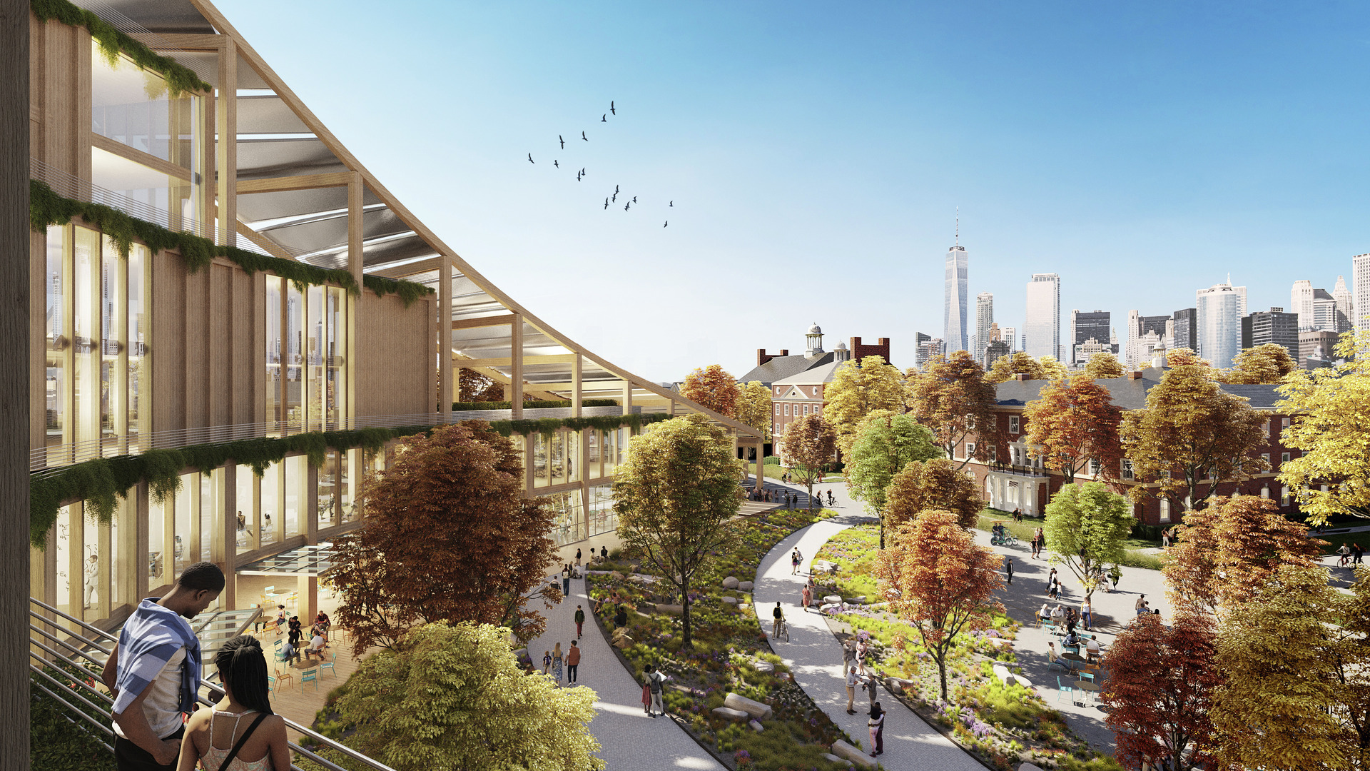 The New York Climate Exchange 特别以有机、低碳排的木建筑，对应种满各式树木植栽的园区公园。 (© SOM | miysis)