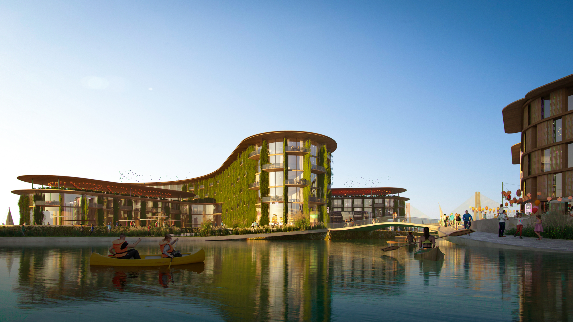 以推動生態旅遊為發展重點的住宿聚落，特別以流線型建築搭配垂直綠化設計。