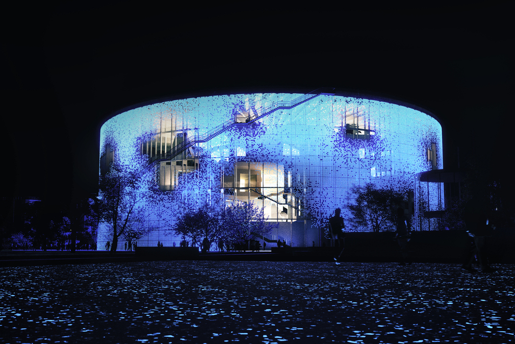夜裡在數位影像的投射下，讓整個建築化身為大型燈光藝術裝置。(Render by MIR)