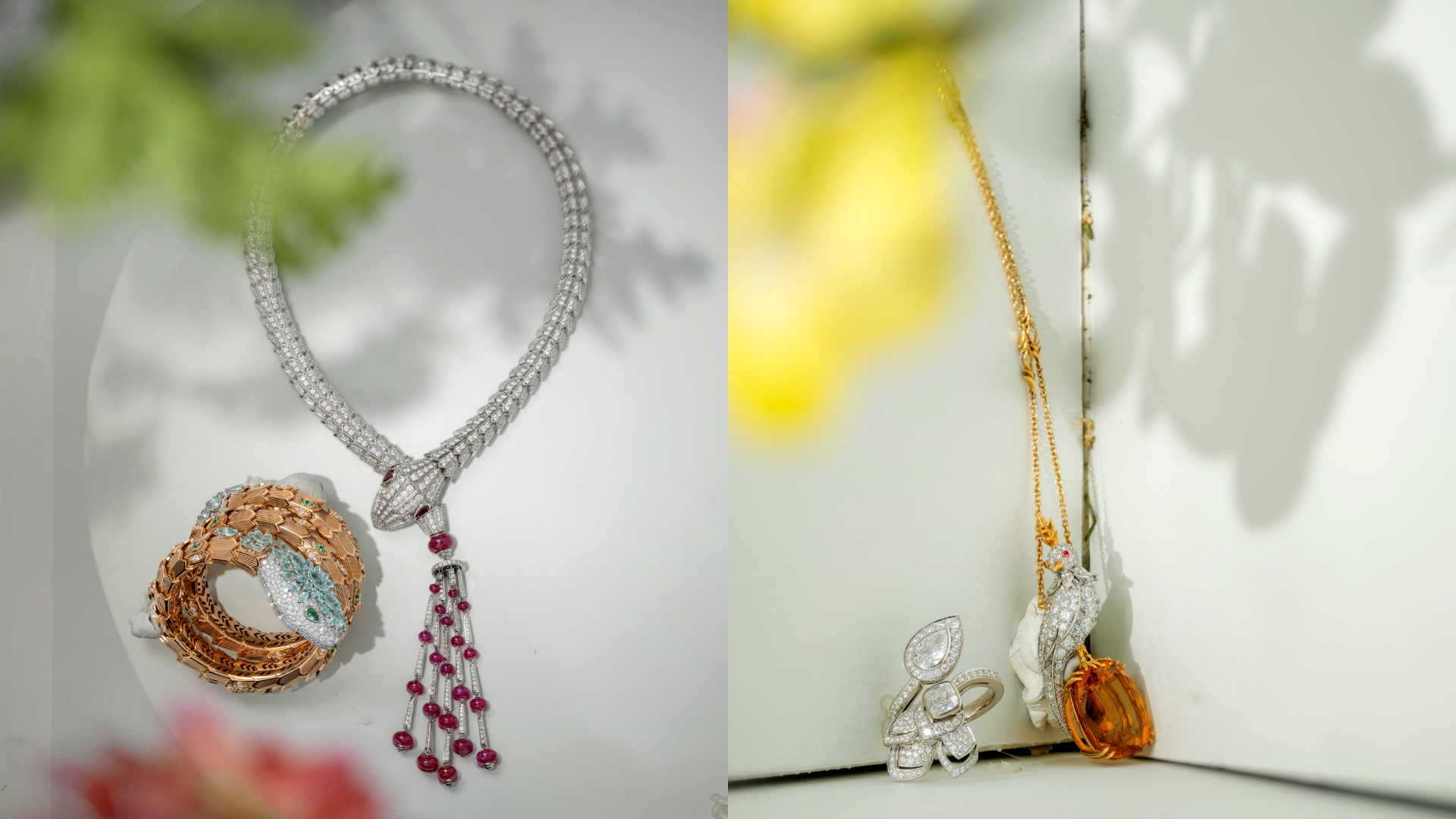 (左图) Serpenti 手环，玫瑰金、白K 金、碧玺、祖母绿、钻石；Serpenti 项链，白K 金、红宝石、钻石，皆为 Bvlgari。 (右图左) De Beers Metamorphosis 高级珠宝系列 Spring 戒指，18K 白金、钻石。 (右图右) Tiffany & Co. Jean Schlumberger by Tiffany 高级珠宝系列石上鸟链坠， 铂金、18K 黄金、黄水晶、钻石、粉色蓝宝石。