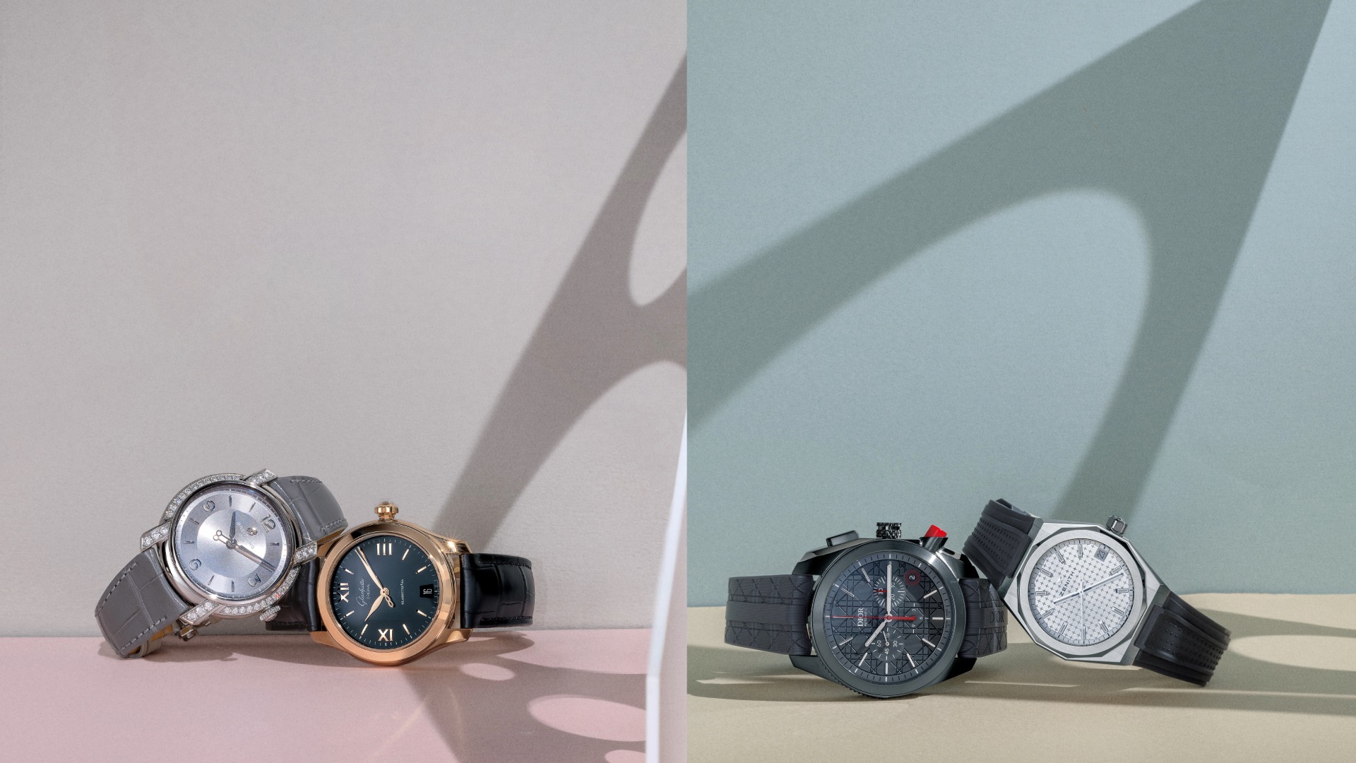 （左图左） Breitling Lady Premier 32腕表。 （左图右） Glashütte Original Lady Serenade 小夜曲腕表。 （右图左） Dior Chiffre Rouge 灰色藤格纹面盘计时码表。 （右图右） ZENITH DEFY Skyline 天际线 36毫米腕表。