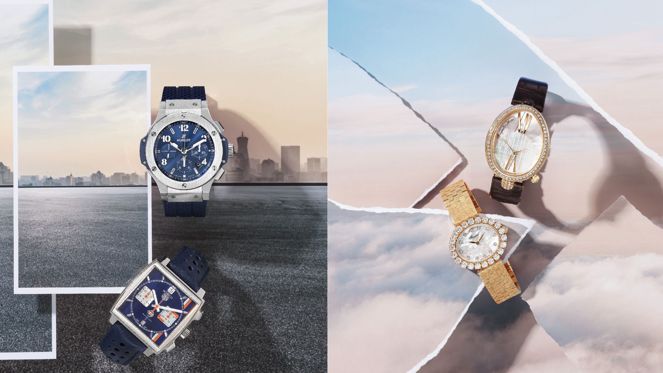 （ 左：由上至下） Hublot Big Bang 精钢计时码表。 TAG Heuer Monaco 自动腕表。 （ 右：由上至下）Breguet Reine de Naples 系列8965 仕女钻表。 Chopard L'Heure du Diamant 系列腕表。