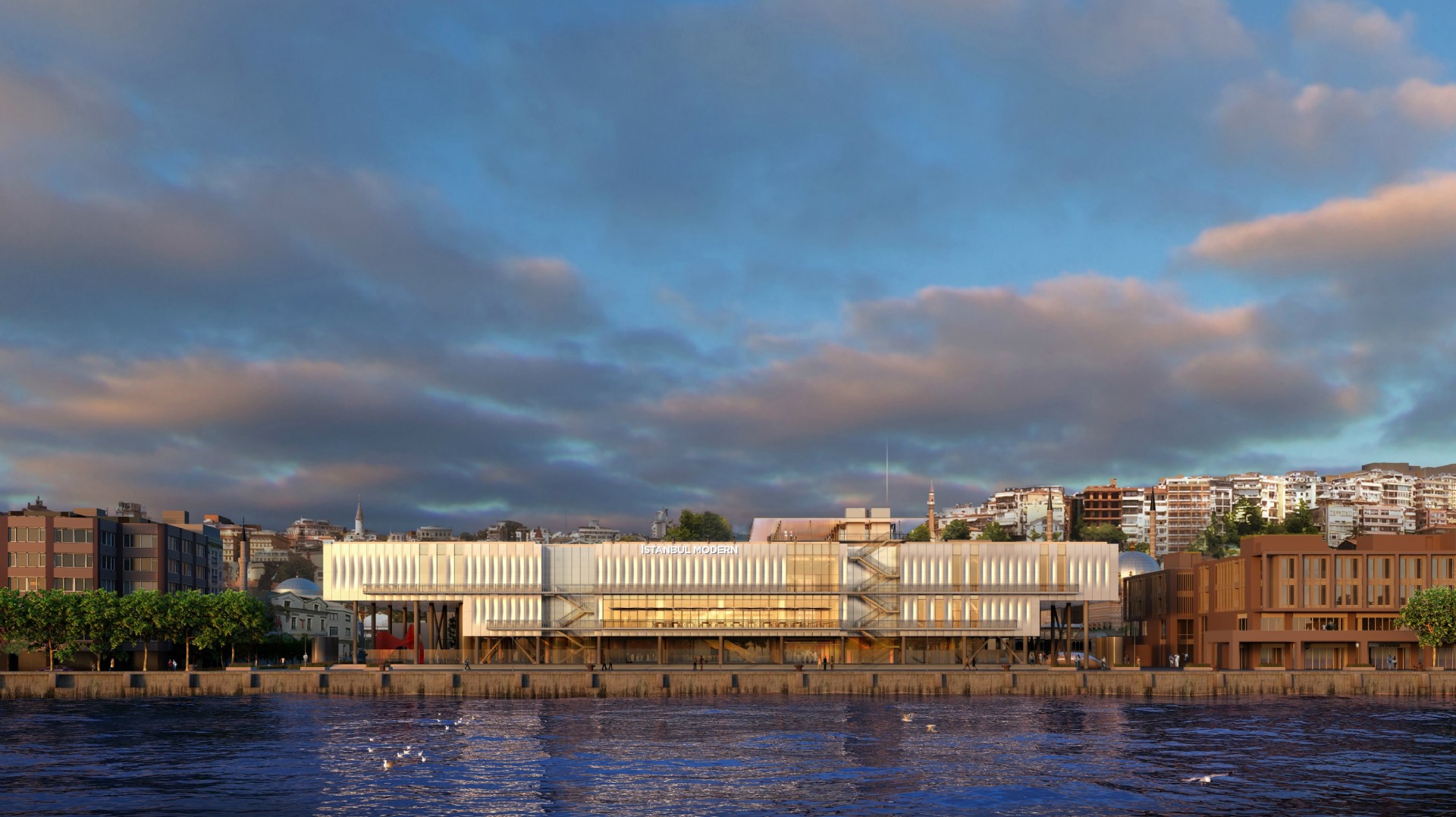 由义大利知名建筑师 Renzo Piano 设计的 Istanbul Modern，特别以博斯普鲁斯海峡波光粼粼 的水面和光影为设计灵感。