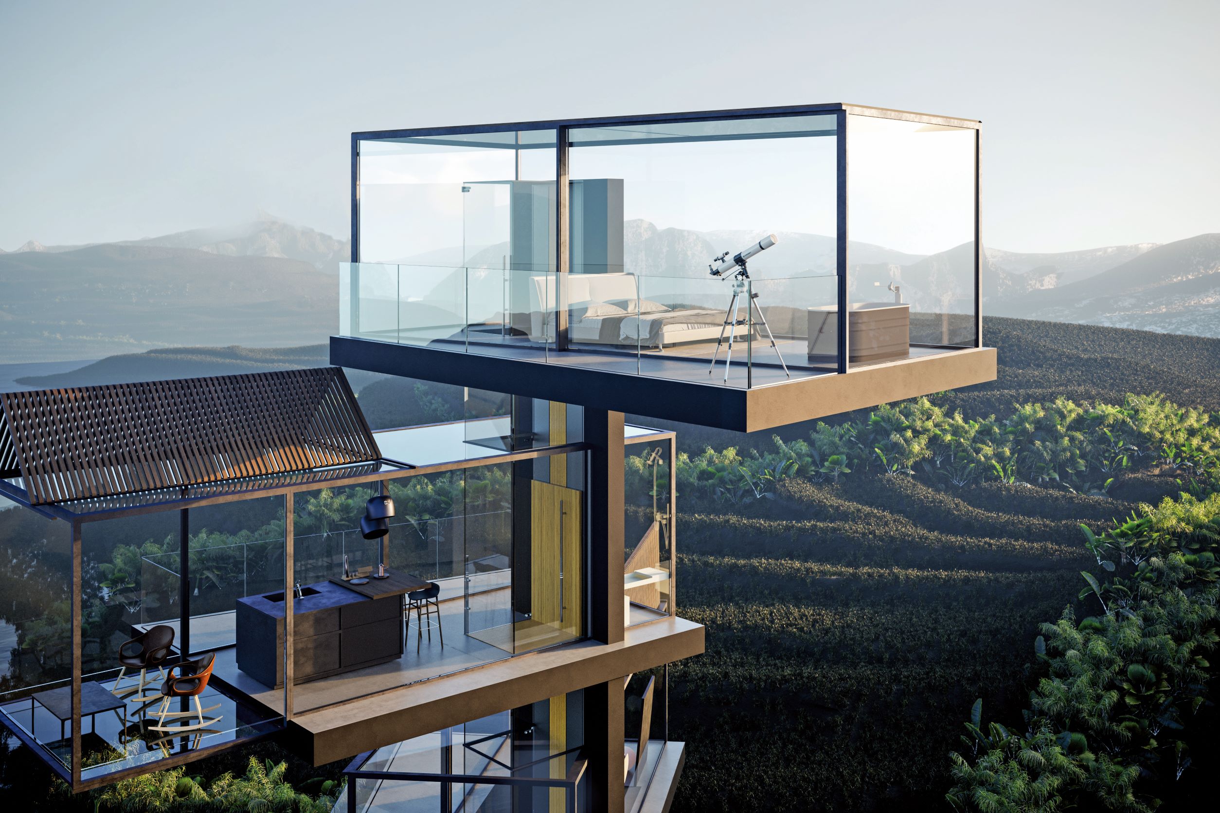 展现几何极简设计的 House on the rice paddy，如同飘浮空中的透明阁楼，全然融入自然景色之中。