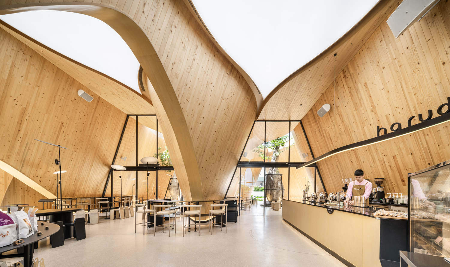Harudot 以松木建造成、 充滿多樣流線型設計的室內空間。