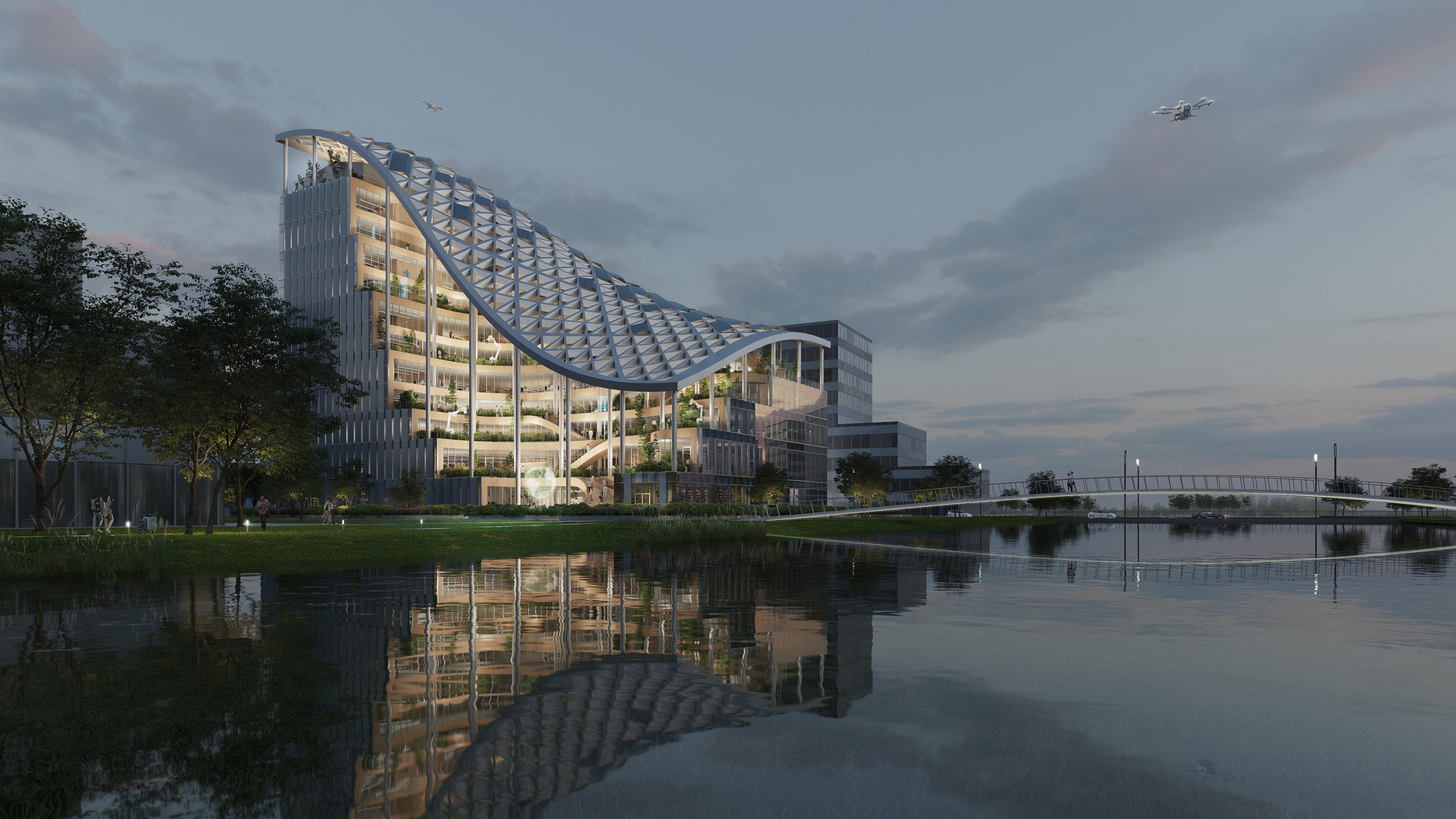 位于滴水湖畔边的 LAD Headquarters ，在坐向设计上也整合了最佳化的湖水降温功能。