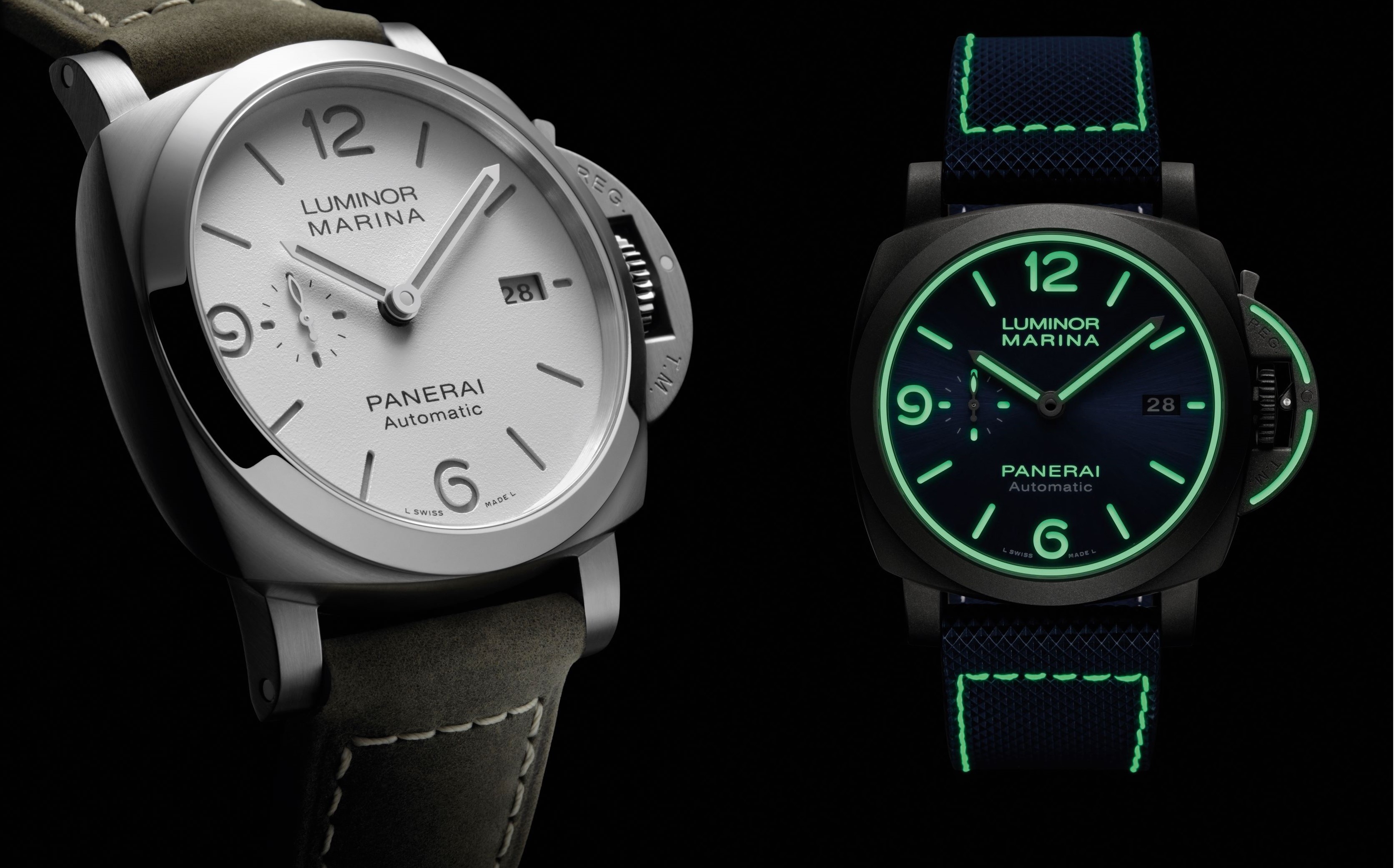 左圖：Luminor Marina 腕錶（PAM01314）是為品牌首次讓三明治錶盤換裝白色登場，數字時標以優雅的淺灰色浮現如蛋殼般細緻的錶面上，搭配精鋼錶殼與砂色襯米色縫線錶帶，整體洋溢斯文颯爽氣質。右圖：以大功率光纖鐳射把鈦金屬粉末燒結成厚度僅為 30 微米（0.03毫米）的薄層，並且以類似 3D 列印方式將薄層逐漸堆積定型，打造出整體腕錶（含錶帶）只有 100 公克的 Luminor Marina 腕錶（PAM01117）。