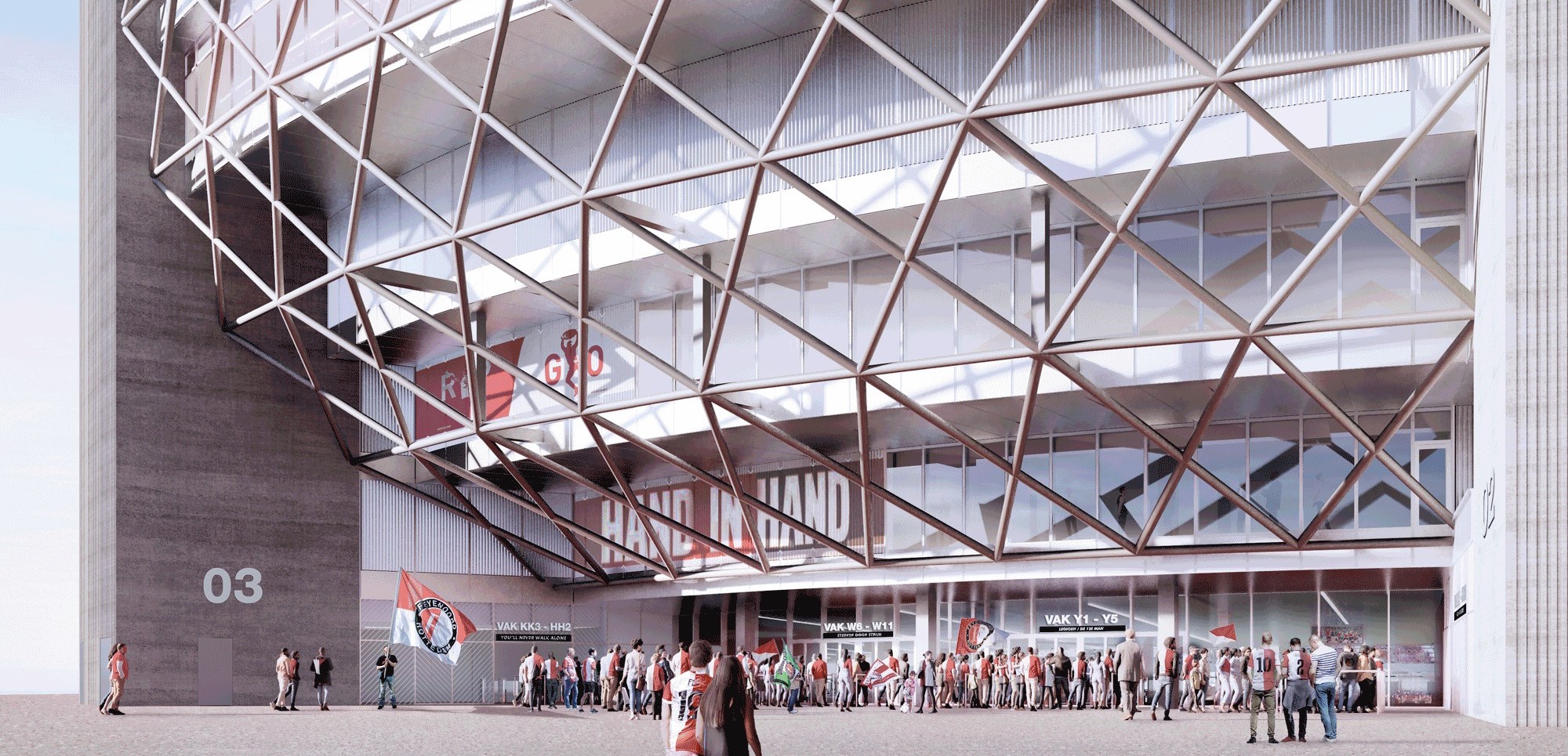 Feyenoord Stadium 以混凝土和钢骨结构相互配搭，构筑出充满现代感的场馆建筑。