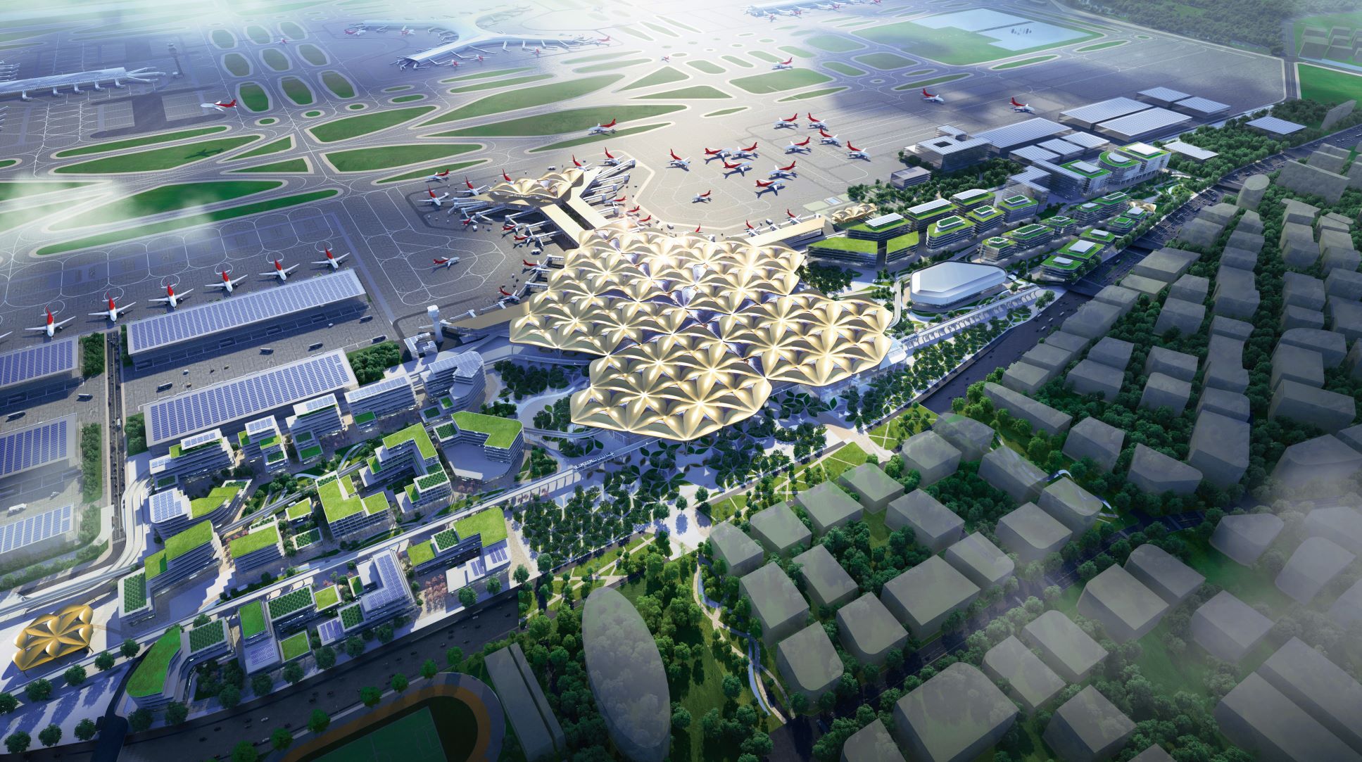 从空间鸟瞰，呈现几何花型样式的转运站屋顶。