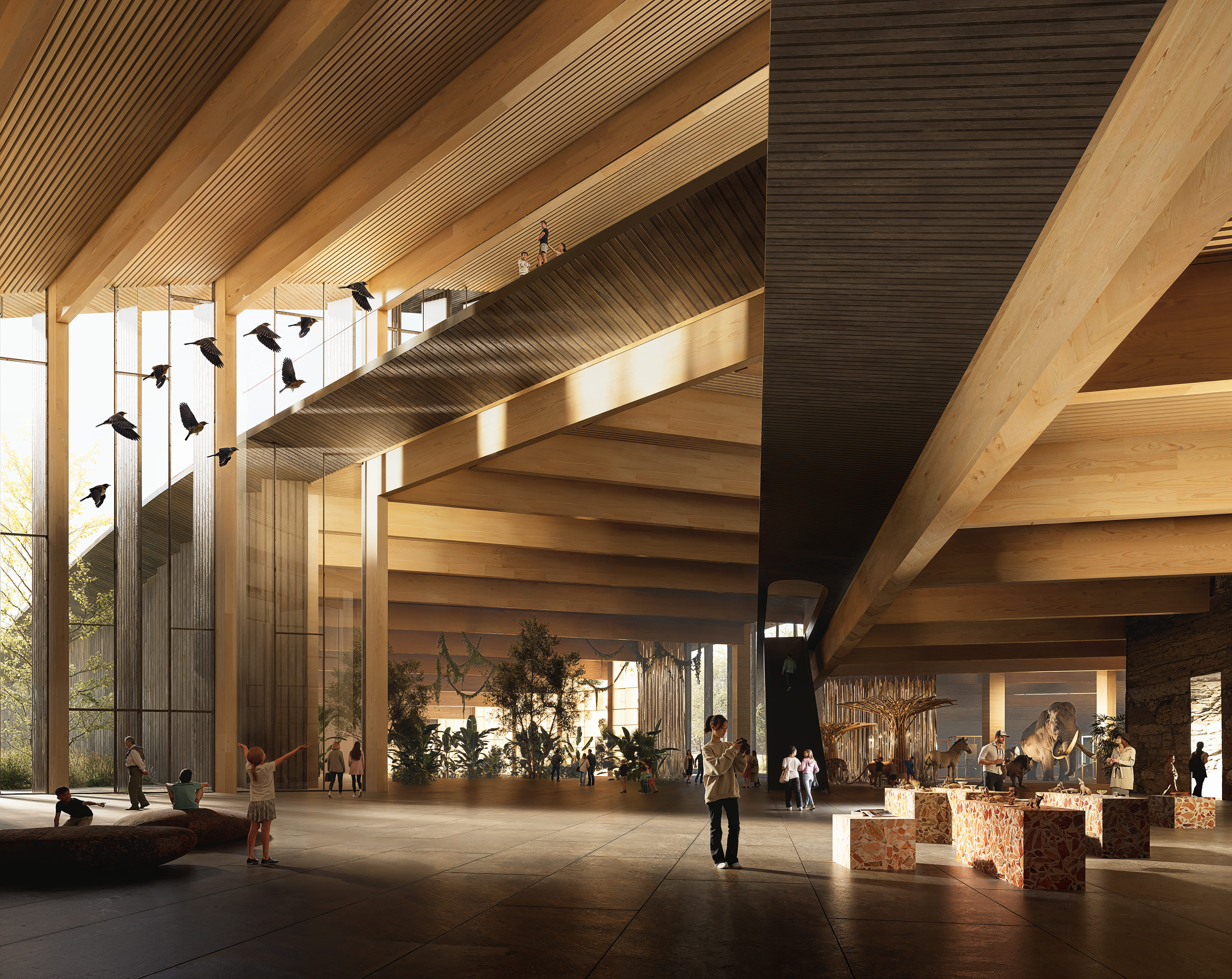 大面積玻璃牆與木造結構弱化了建築內外的空間分界。