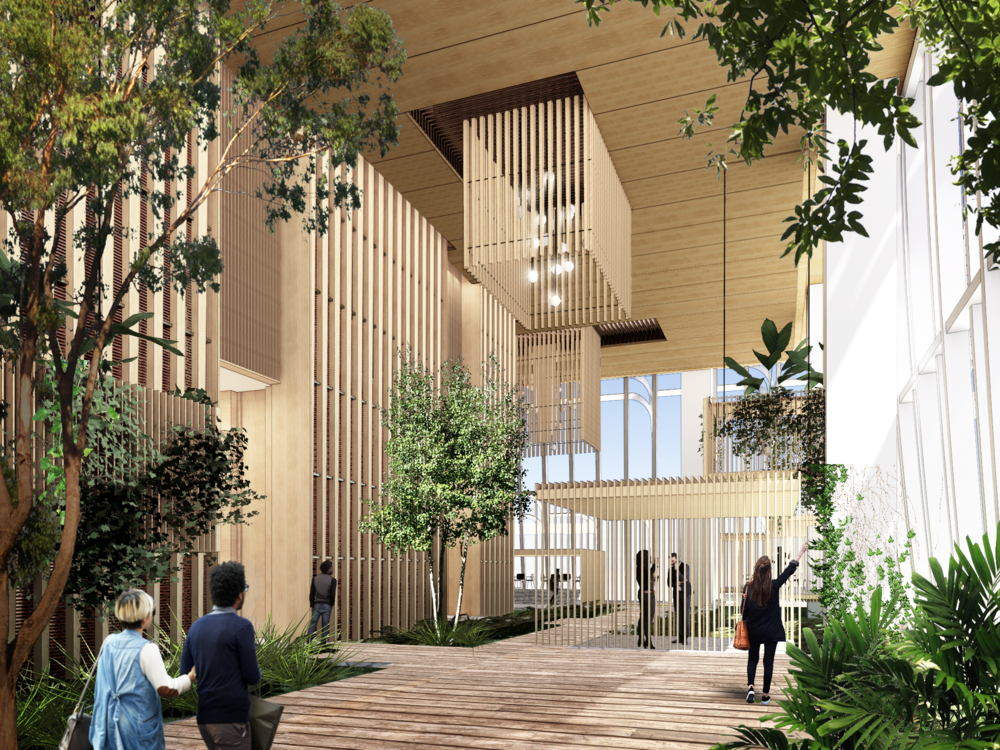 結合多層次垂直綠化設計的 Keppel South Central，也以原木為裝飾基調，在大樓內設置有美麗的空中花園。