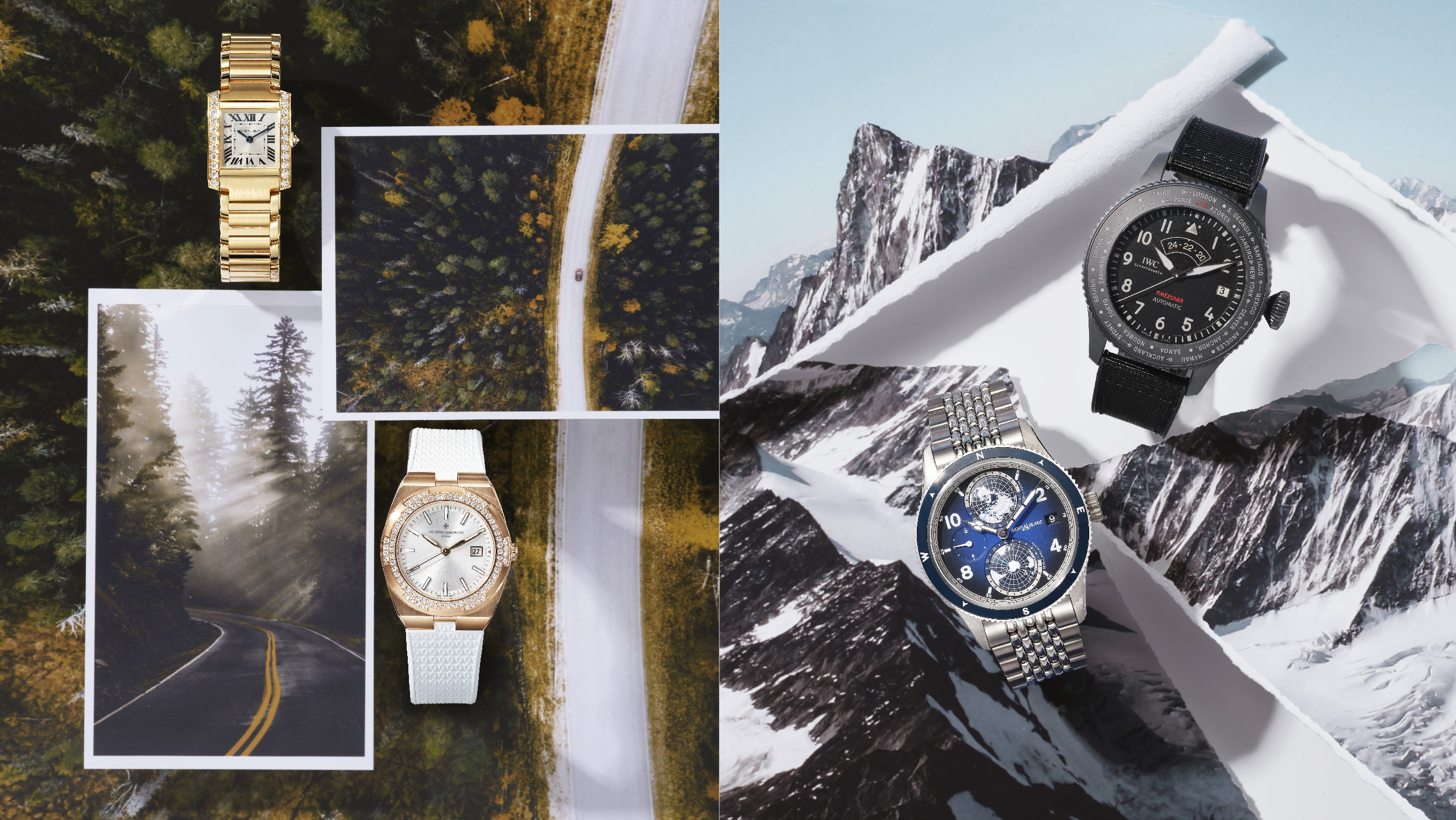 （ 左：由上至下）Cartier Tank Française 黄K 金镶钻腕表，小型款。 Vacheron Constantin Overseas 18K 5N 粉红金腕表。 （ 右：由上至下）IWC Schaffhausen Top Gun 飞行员系列世界时区海军空战部队瓷化钛金属腕表。 Montblanc 1858 Geosphere 世界时区腕表。