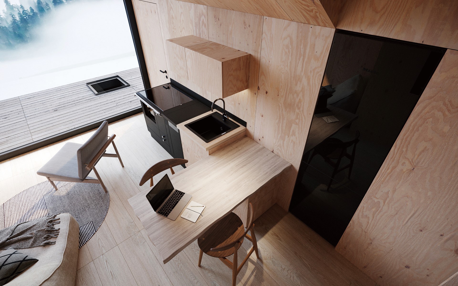 小巧的小屋里也设计有厨房、餐桌，让屋主能悠闲自煮。