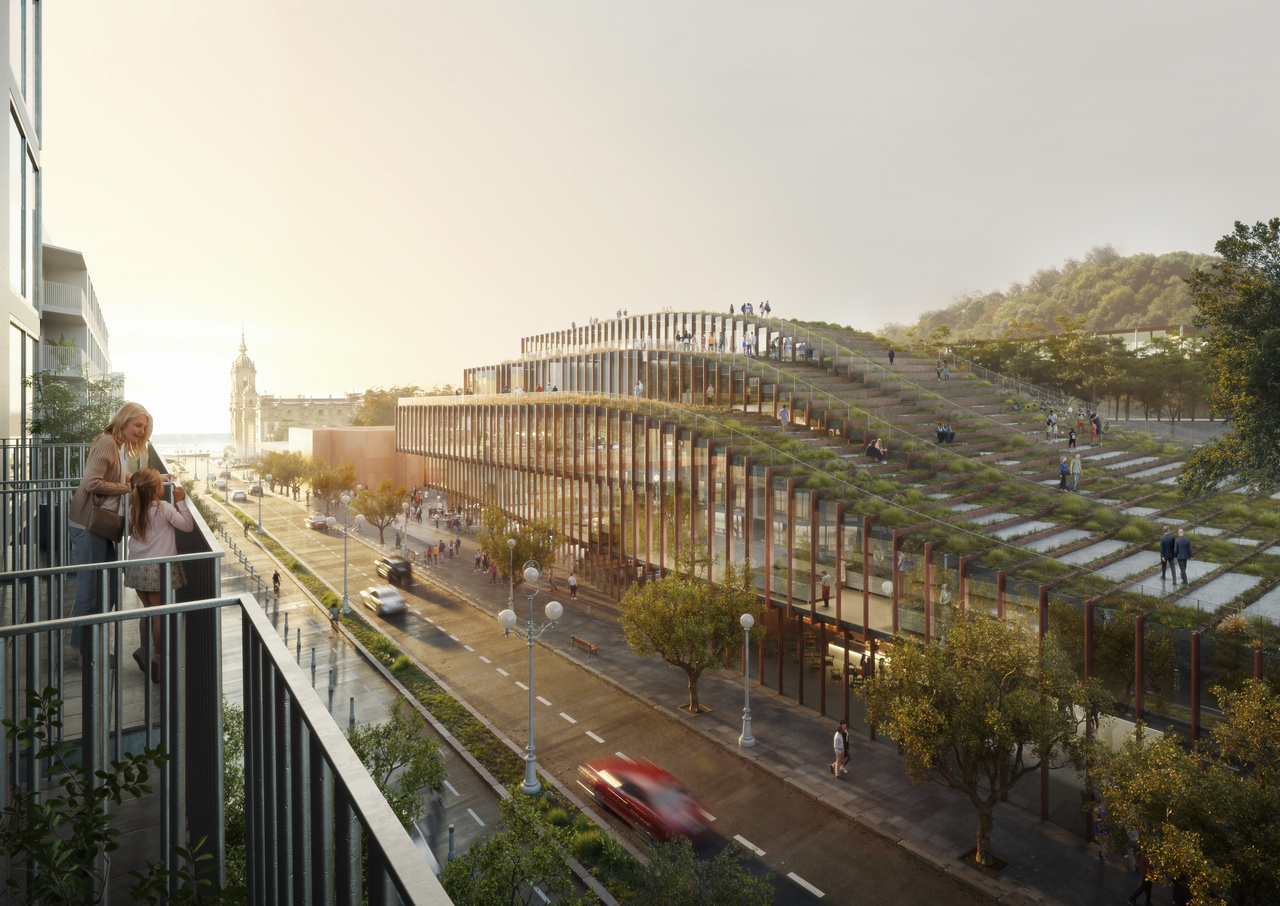 GOe 以多层次的流线型建筑体设计，呼应 San Sebastián 的山海自然景观。