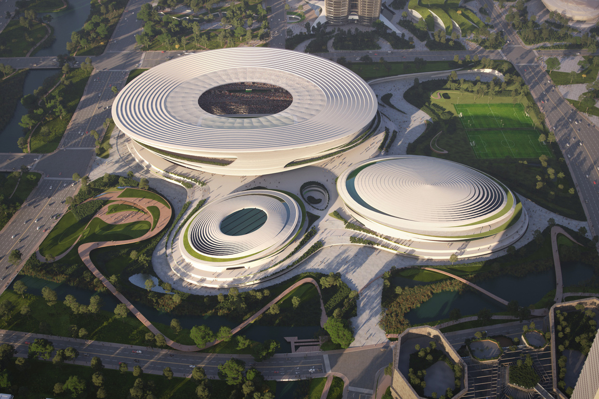 杭州国际体育中心主要由 3 座如同外星飞船的圆形场馆建筑所组成。 (Render by Plomp)