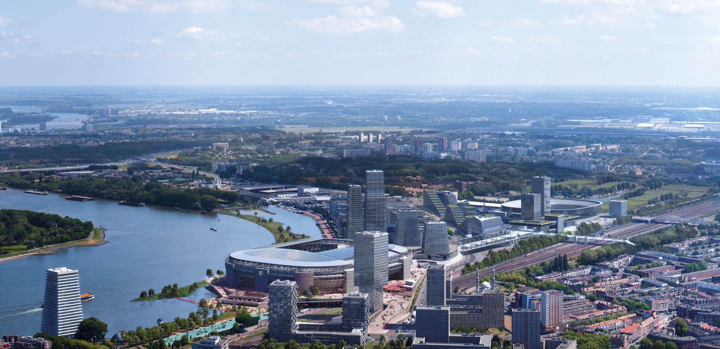 默兹河畔边的 Feyenoord Stadium，是整个 Feyenoord City 营造计画中最主要的发展项目。