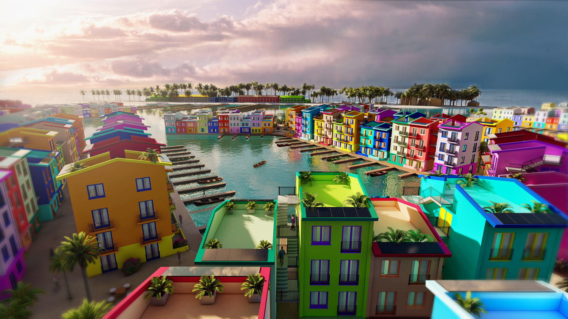 智慧未來城市 - 藍色潟湖上的彩色城市