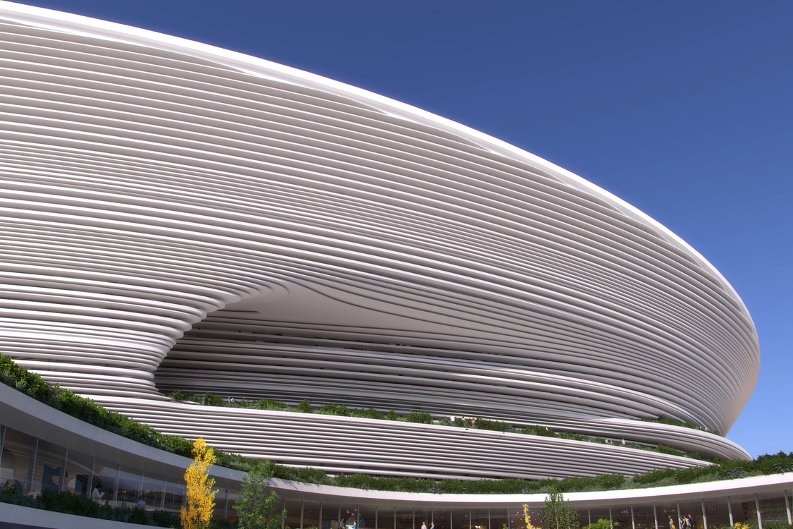杭州國際體育中心獨特的百葉式建築立面設計，不僅讓場館擁有最佳化的遮陽性能，並且創造出充滿律動之美的建築樣貌。(Render by Proloog)
