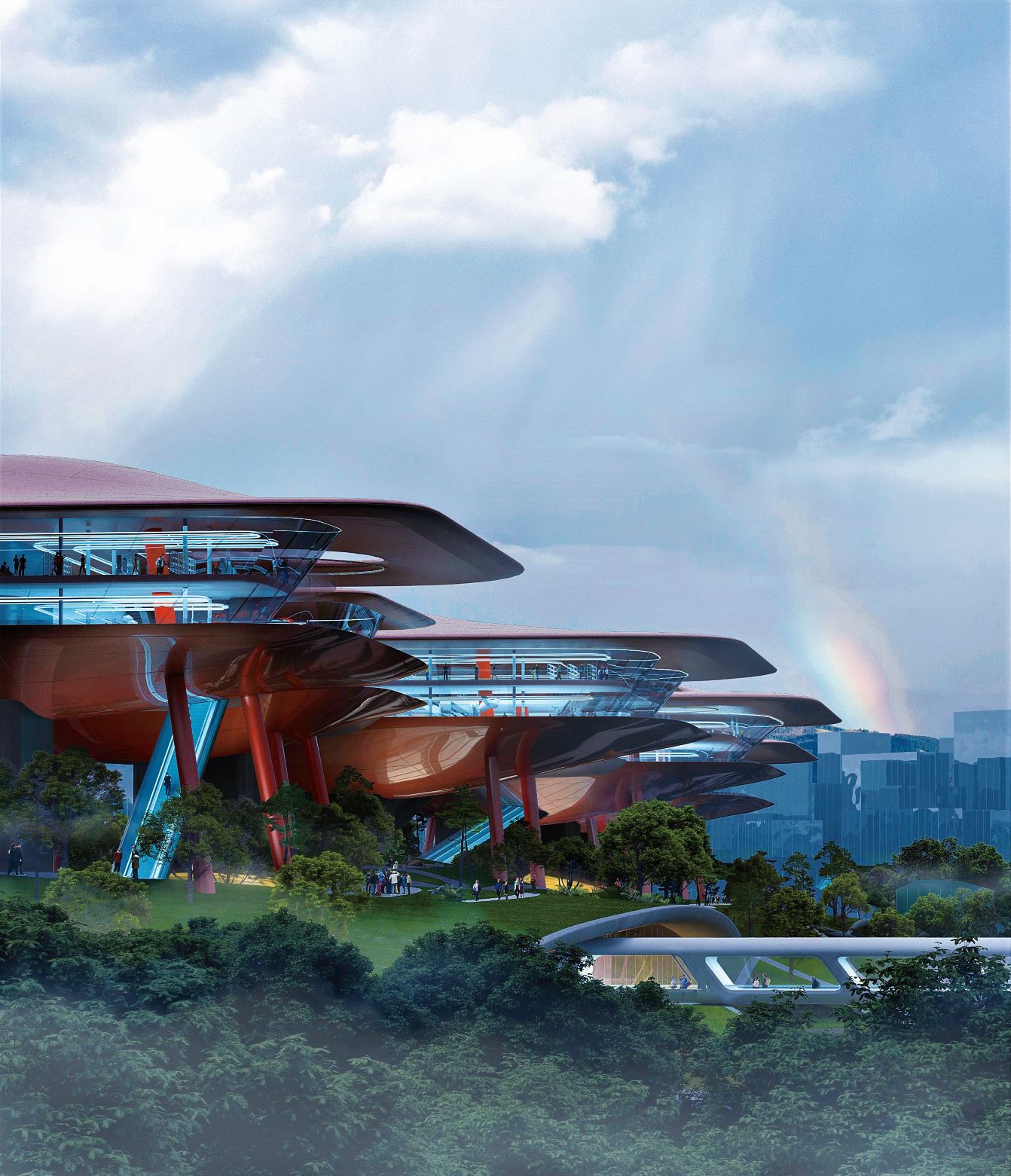 所有邮轮中心建筑皆以红铜色铝板组成流线型外墙，形塑出科幻式建筑风情。