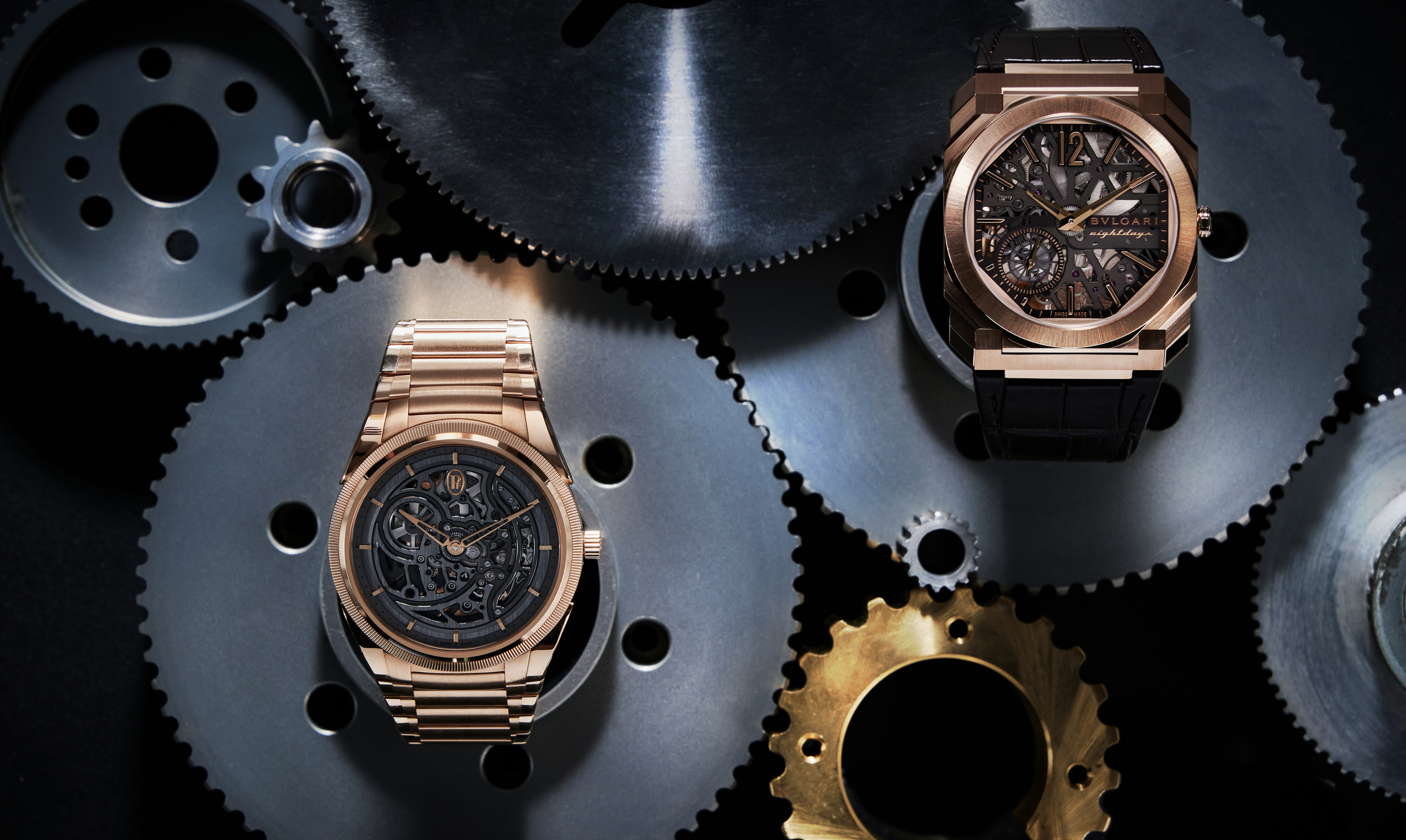 Parmigiani Fleurier Tonda PF Skeleton 镂空腕表，搭载 PF777 自动上链机芯，18K 玫瑰金表壳，时分显示，表径 40 毫米，防水深度 100 米。Bulgari Octo Finissimo Skeleton 8 Days 腕表，搭载超薄手上链机械机芯 BVL 199 SK，18K 玫瑰金表壳，时分显示、小秒盘，表径 40 毫米，防水深度 30 米。