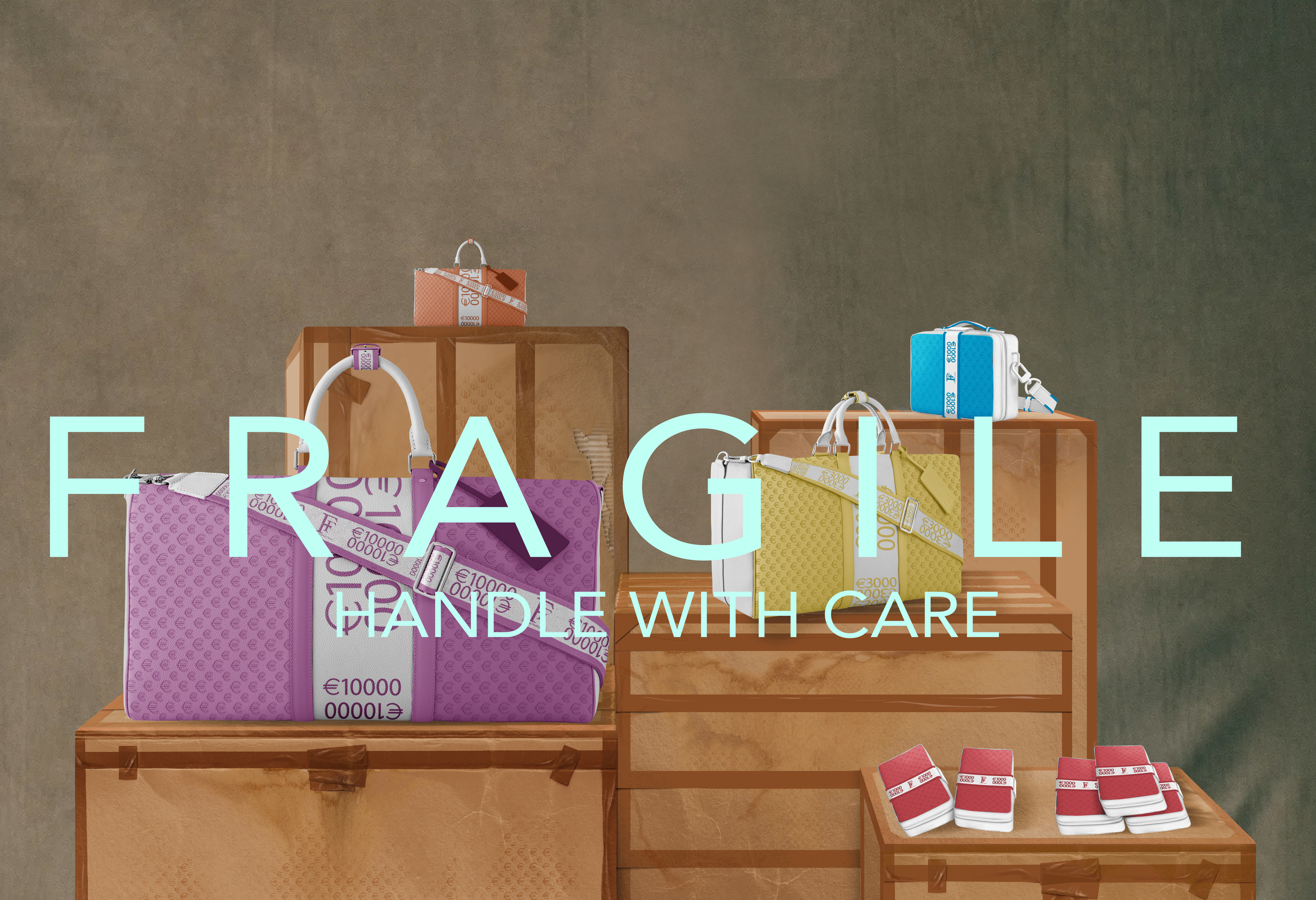 《 Fragile: Handle With Care 》系列里没有大众熟知的“ Monogram ”， Mike Frederiqo 自创 “ Moneygram ”布满物件，物件的设计或做工似乎一点也不重要，只要摆在橱窗后就令观者感觉价值倍增。