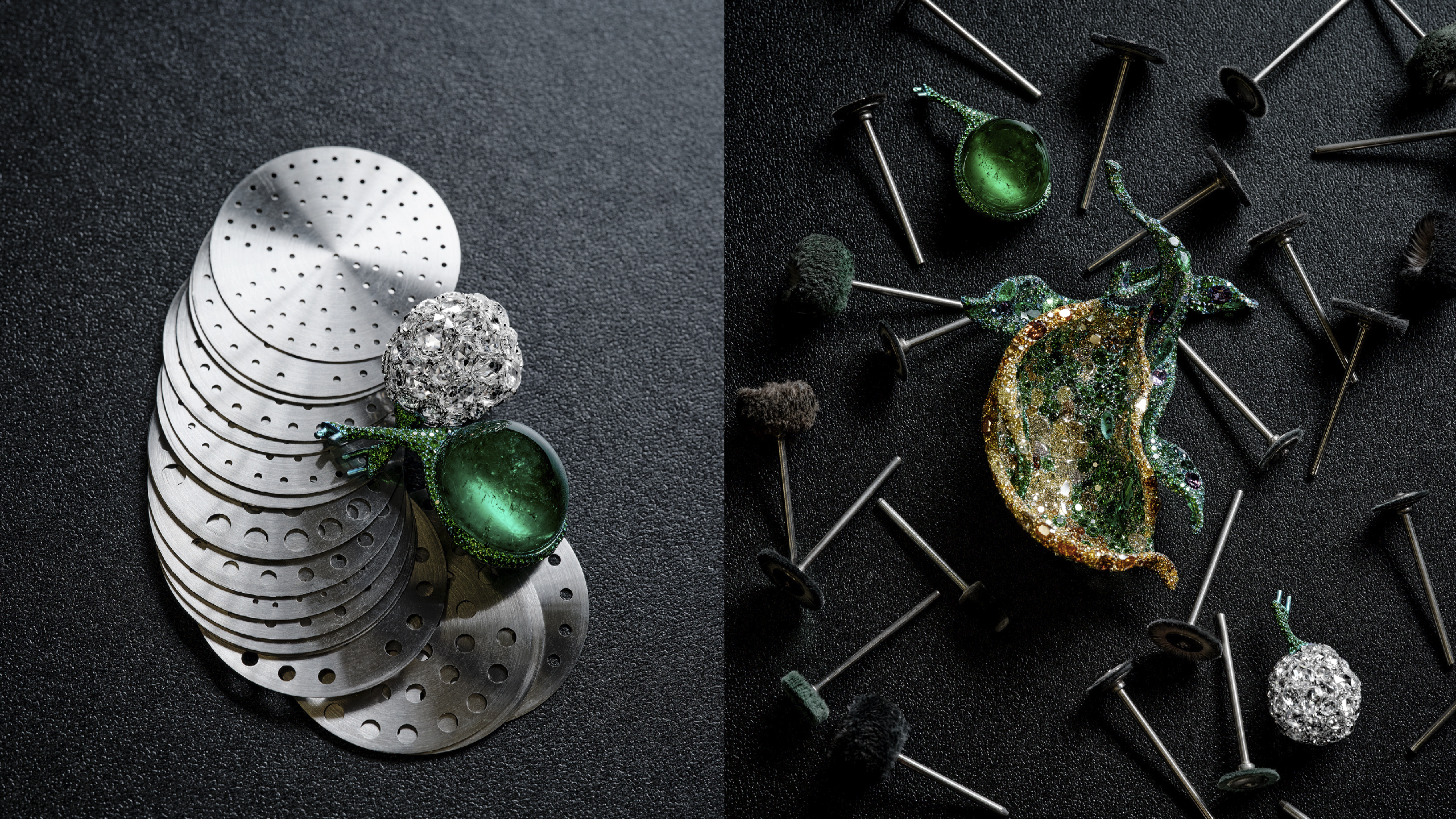 （左）重達 81 克拉的祖母綠與空心鑽球，以虛實交織的方式演繹 2022 Black Label Masterpieces X & XI 《春之荳蔻胸針》。（右）《春之荳蔻胸針》的豆莢透過 28 種漸層色系的貴寶石，精準排列成和諧的自然色澤。