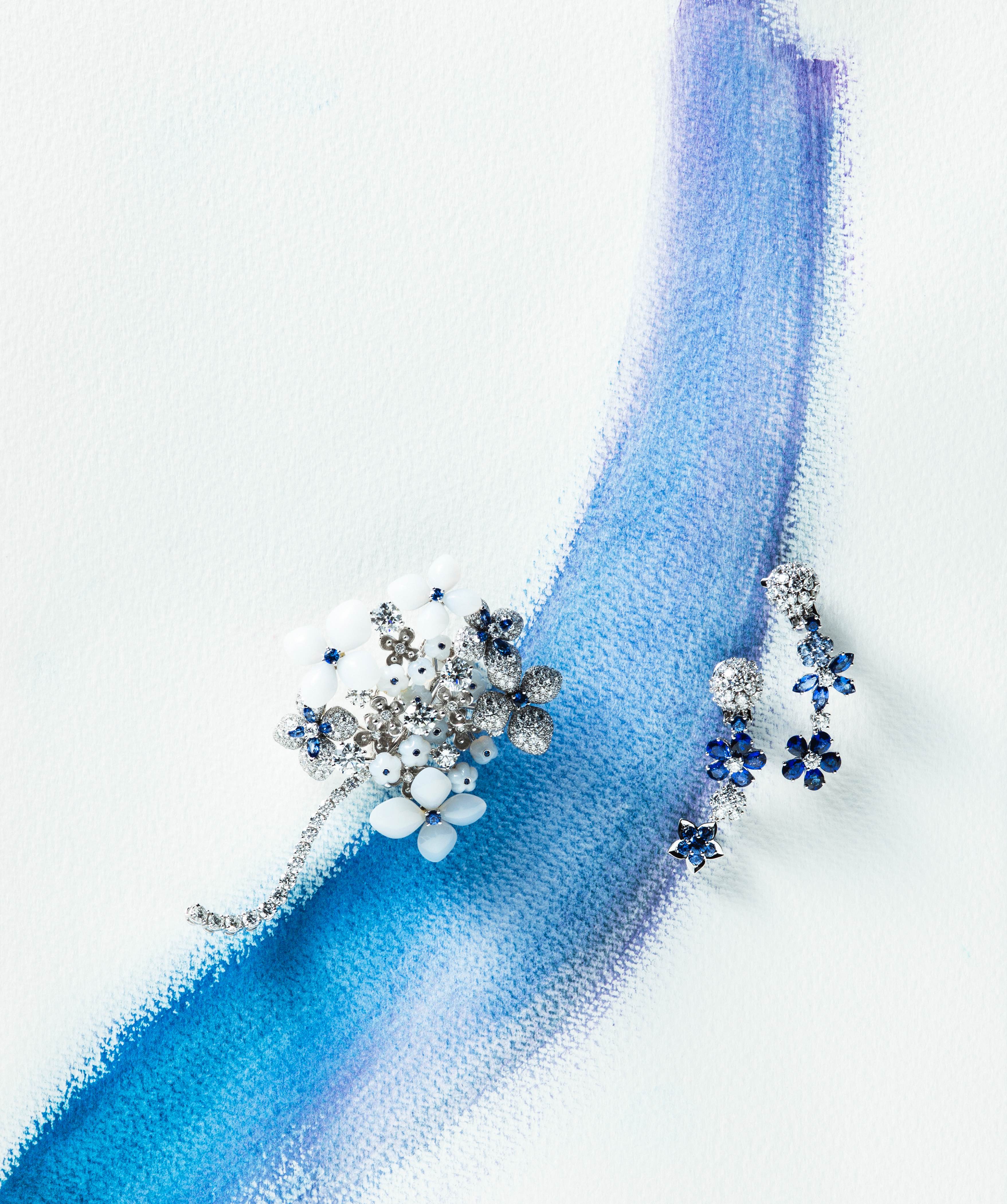 Hortensia 18K白金胸针/Chaumet Folie des Prés耳环 白K金镶嵌圆形、梨形及马眼形车工蓝宝石与圆钻， /Van Cleef & Arpels