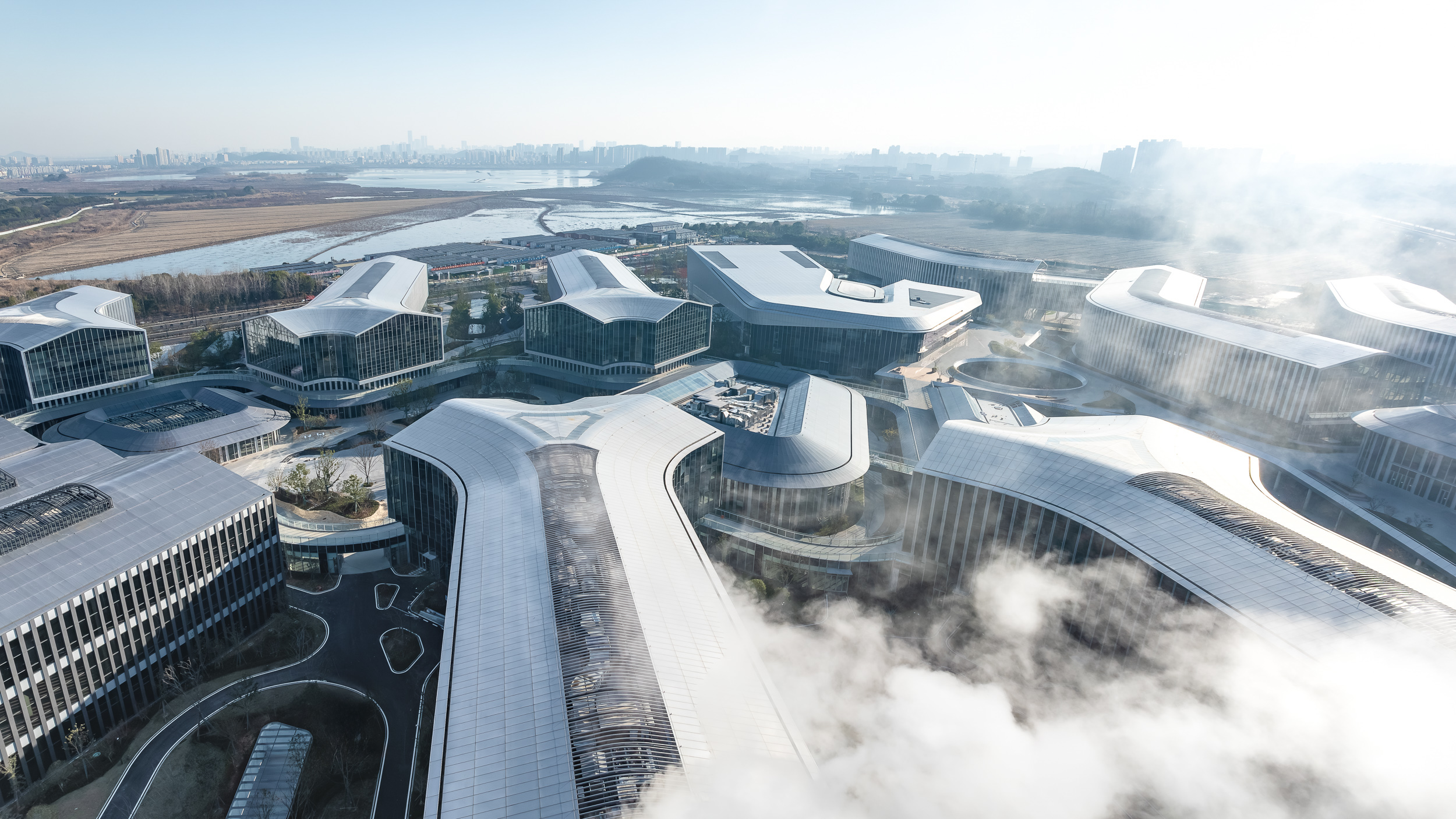 园区以菩提叶脉为灵感，两侧建筑沿中央景观轴线向外伸展，将湖景与河景引入内部。