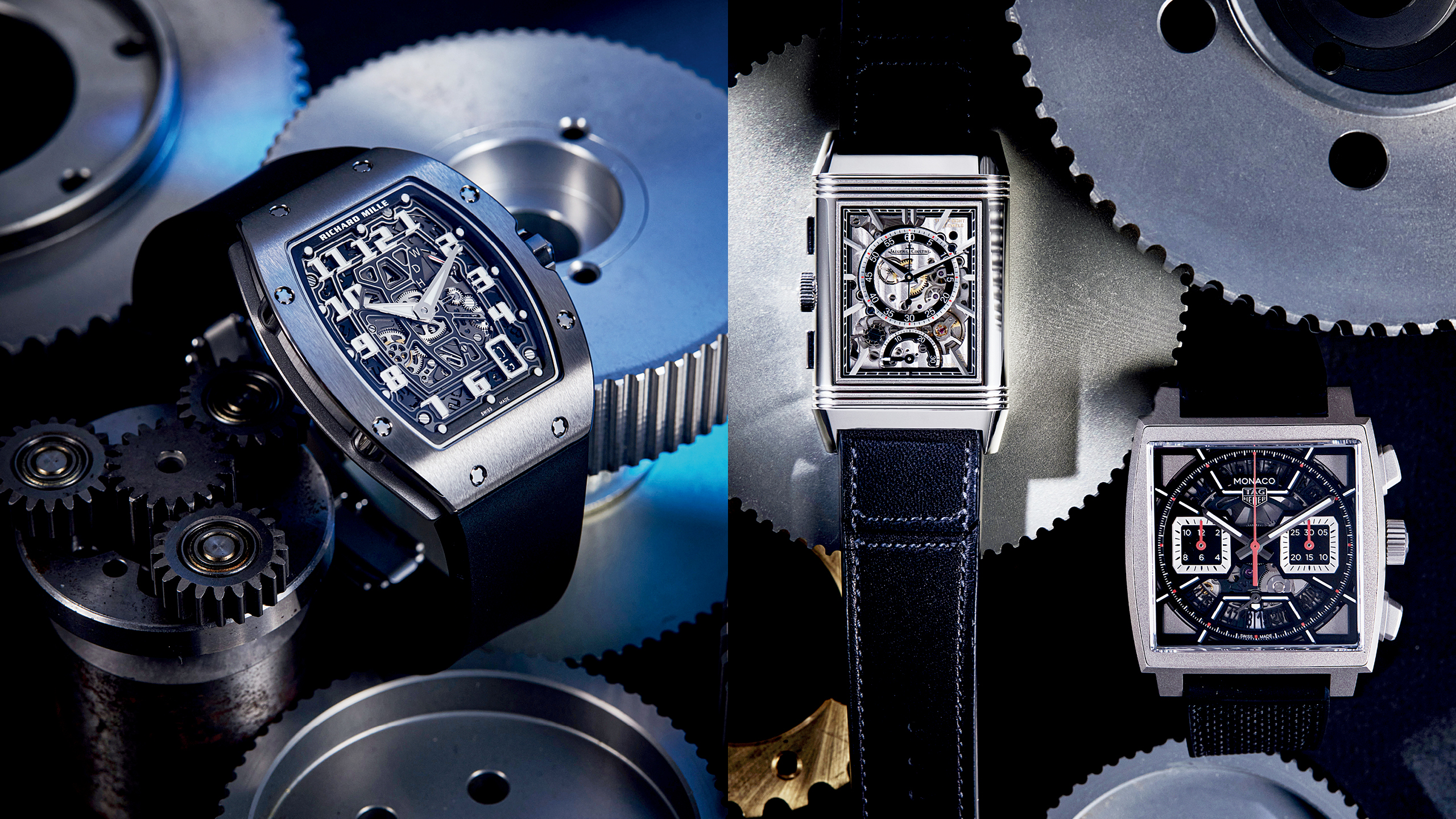 RICHARD MILLE RM 67-01 超薄自動上鍊腕錶、Jaeger-LeCoultre Reverso Tribute Chronograph 翻轉系列計時腕錶、TAG Heuer Monaco Chronograph 鏤空計時腕錶。