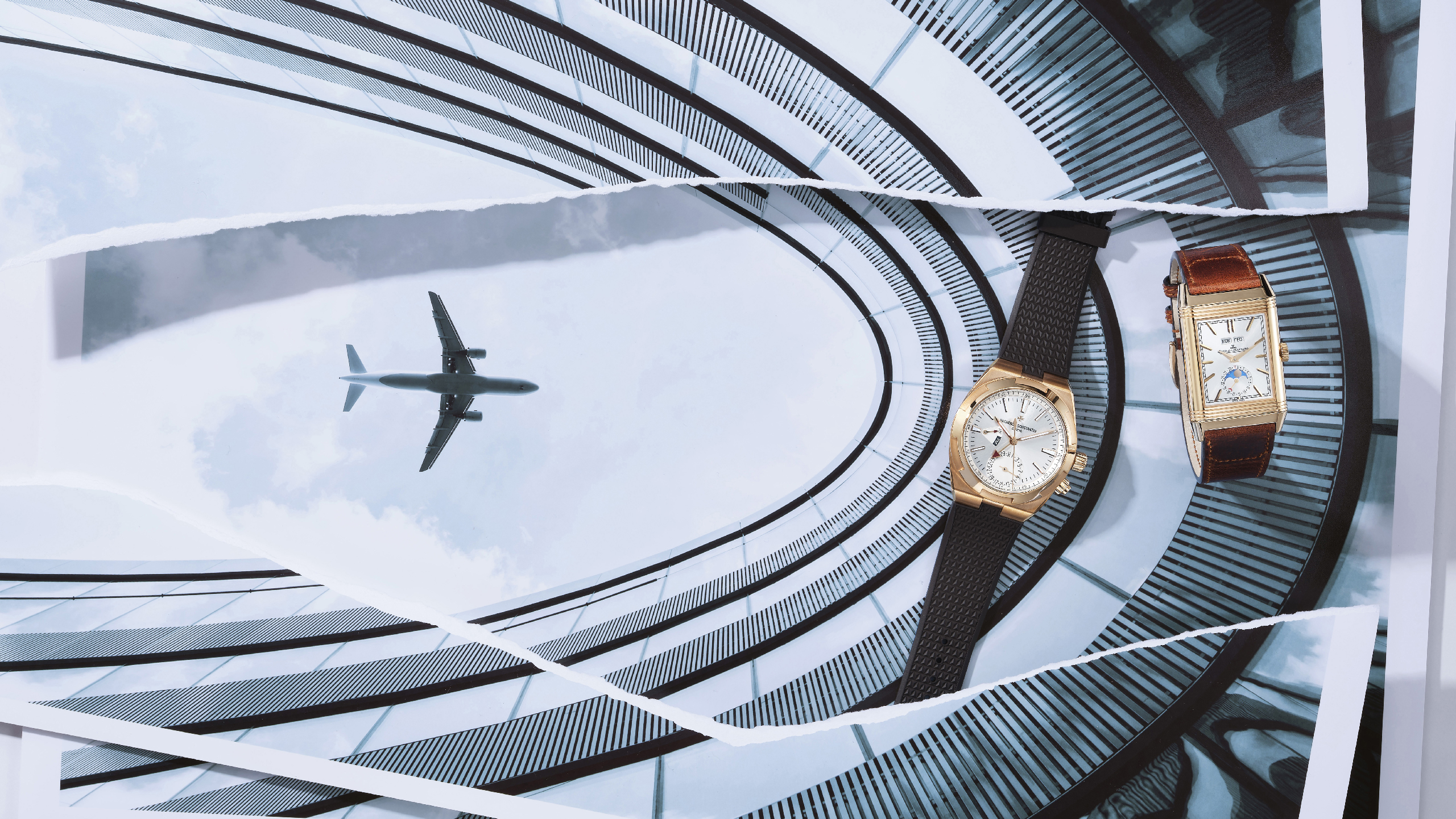 （ 由左至右）Vacheron Constantin Overseas 18K 粉红金两地时间腕表。 Jaeger-Lecoultre Reverso Tribute Duoface Calendar 翻转系列双时区日历腕表。