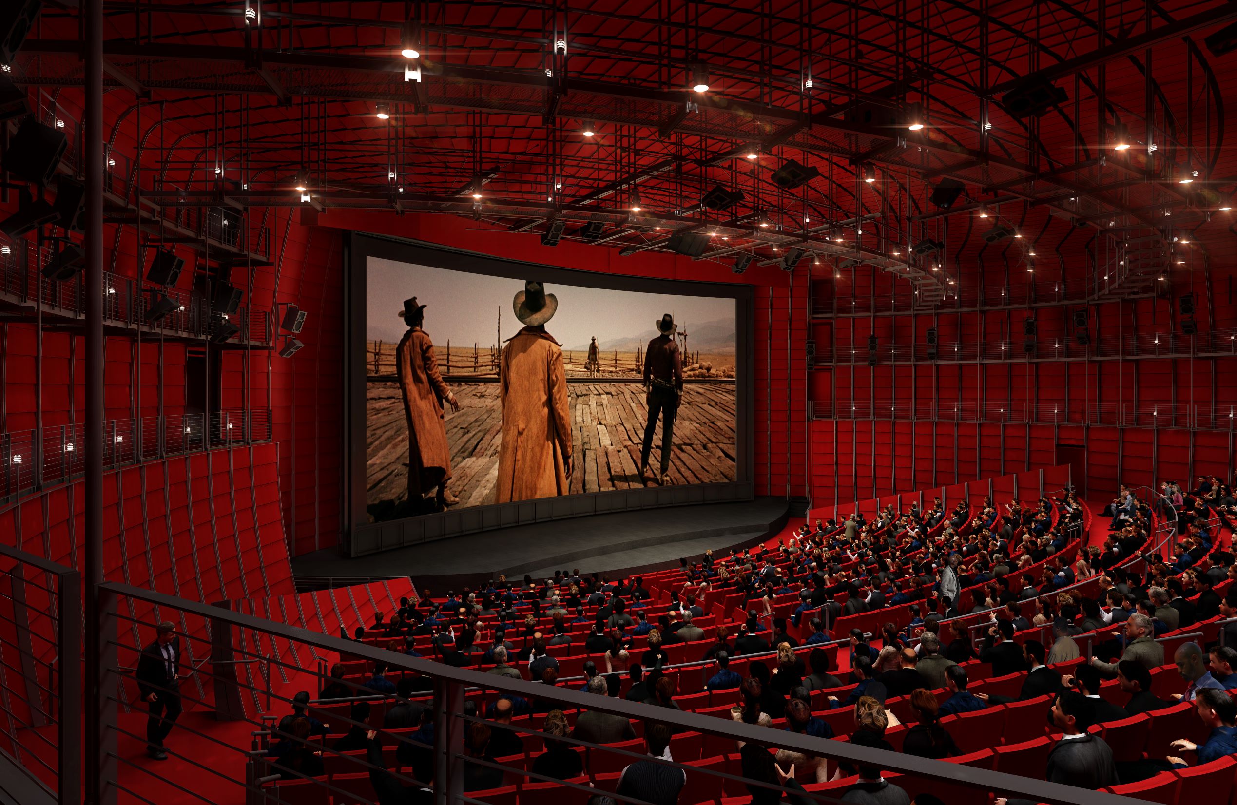 拥有 1,000 个座位的红色系电影院。 ( Render by Cristiano Zaccaria )