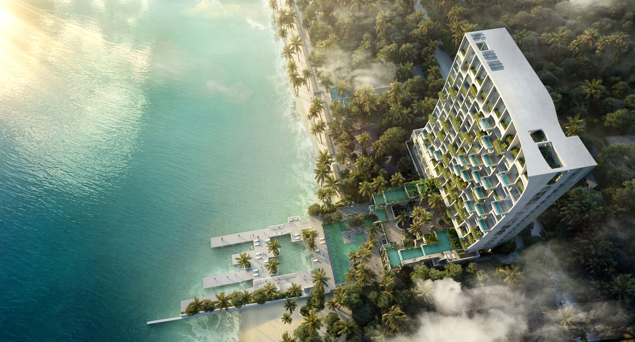 宿雾 Abaca Resort Mactan 外立面以三维拱形网格构成，每格框住私密海景，伴随垂直柱廊与空中花园如失落热带村庄向天际延伸。