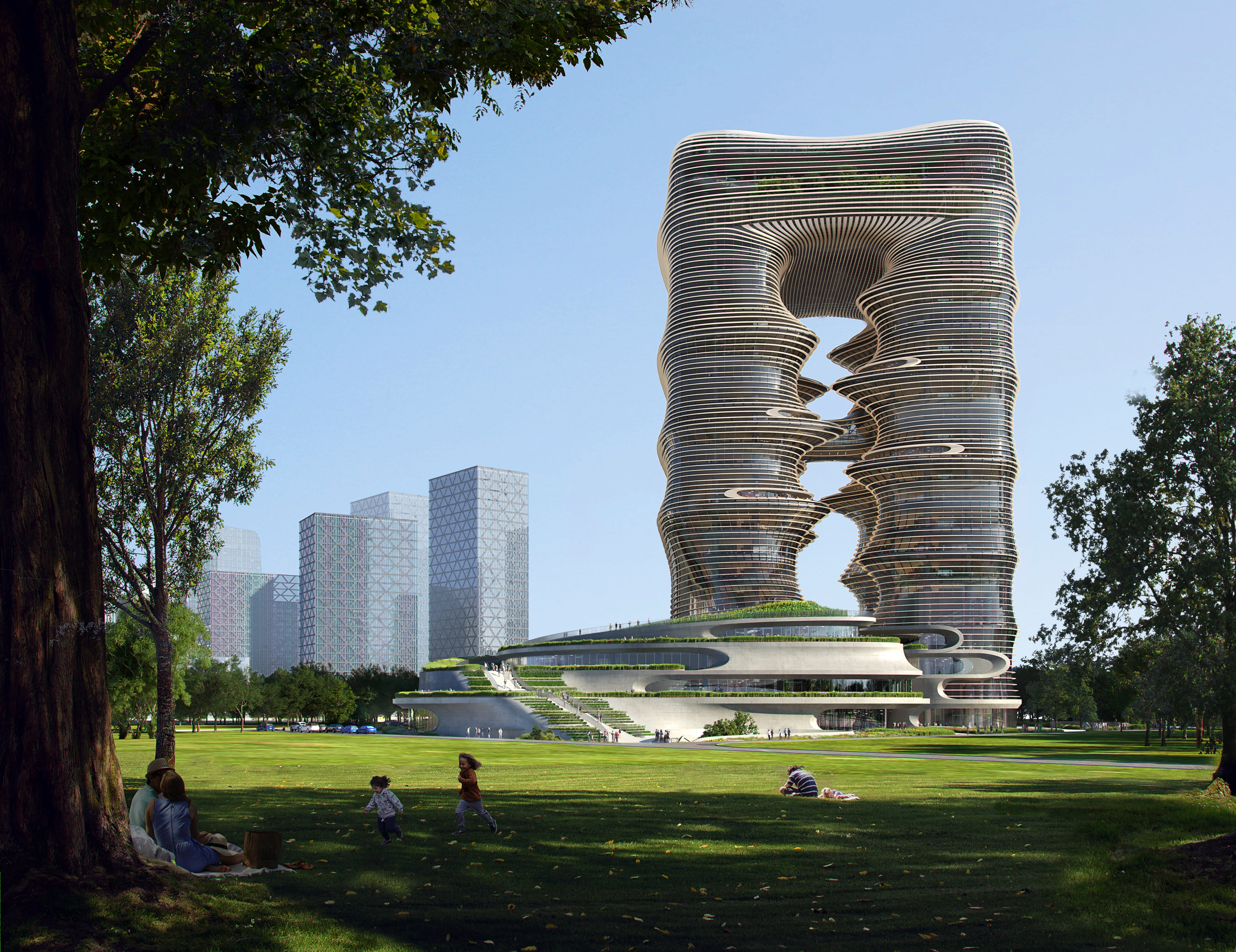 一丹中心充滿創意的垂直峽谷設計，創造出引人注目的雕塑式建築造型。