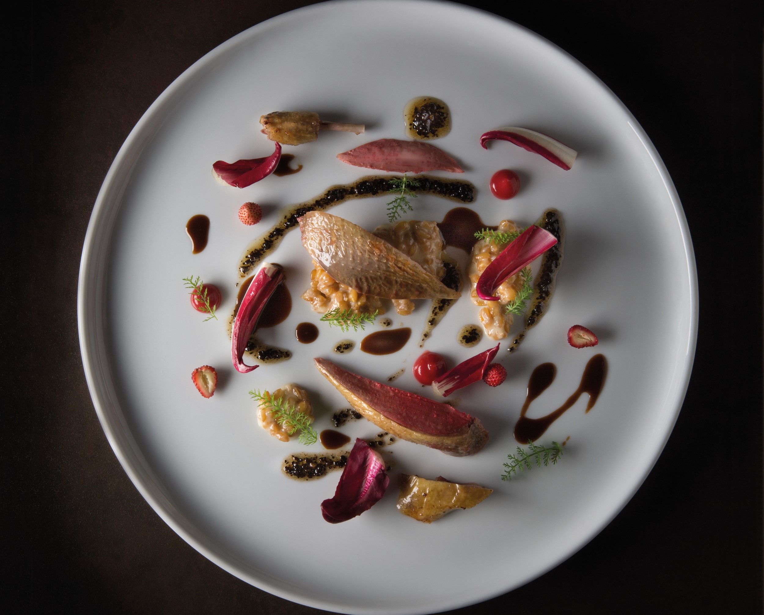 2019 年 Mirazur 的推薦主餐鴿肉佐野莓與西洋蓍，以產自自家農園的莓果與香草蔬菜，提供最鮮美的南法滋味。（photo by Eduardo Torres）