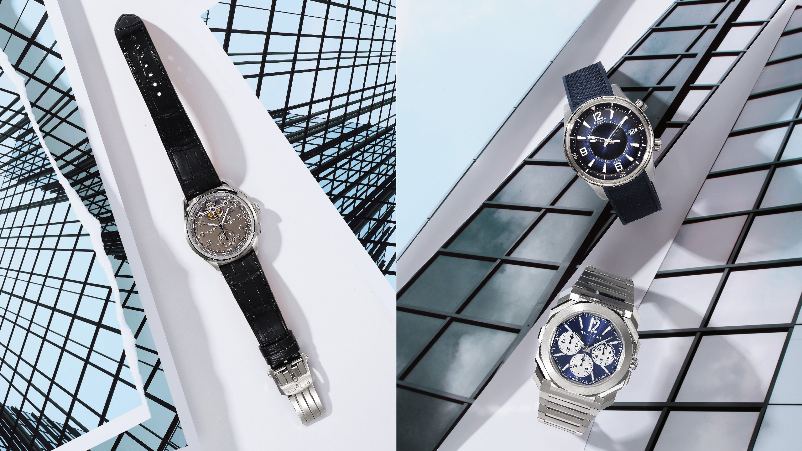 （左）Breitling Premier B21 Chronograph Tourbillon 42 计时腕表，Gaston Breitling 特别版。 （ 右：由上至下）Jaeger-Lecoultre Polaris Date 日期显示腕表。 Bvlgari Octo Finissimo S Chronograph GMT 精钢超薄两地时区计时腕表。