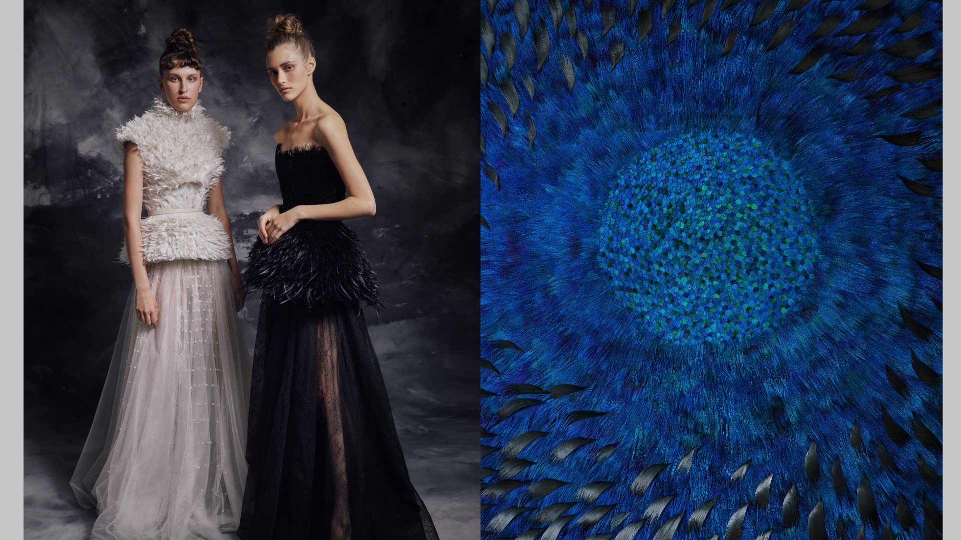 （左）凝聚法国各项最高工艺的订制服， 羽毛工艺自然不会缺席，Vermeulen 相当享受每次跨足时尚界的挑战，将其视为「材质游戏」，并期许自己的成果随科技发展持续变化。 （右）在最新作品《 Black Argos 》中，Vermeulen 将孔雀羽毛螺旋图样镶嵌于黑色火鸡羽底色，中心的蓝色眼眸象征注视、保护与引领。 © Vincent Leroux