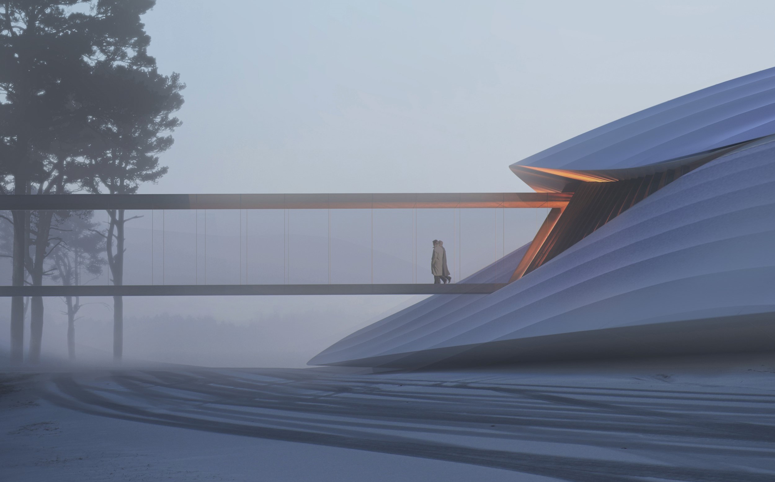 Yabuli Conference Centre 以一座玻璃廊道连接一旁的附属建筑。