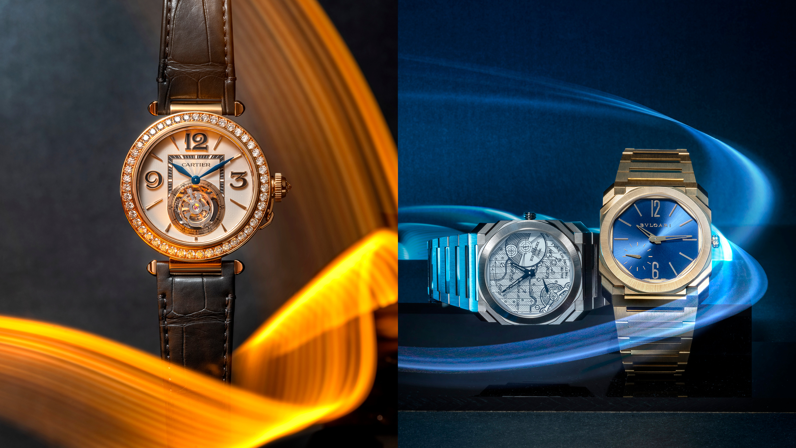 （左）Cartier Pasha de Cartier 腕表，搭载9552 MC 型手动上链陀飞轮机械机芯。 （右）Bvlgari Octo Finissimo Automatic 腕表，搭载超薄自动上链机械机芯。
